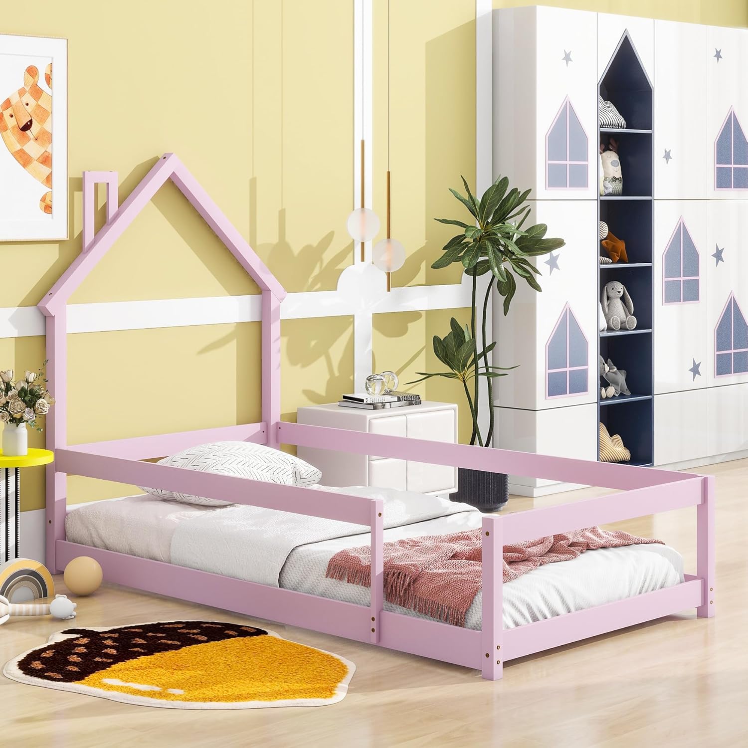 A ALFRESCOOL Twin Size Floor Bed Frame for Kids, Solid Pine Wood Montessori Floor Bed with House-Shaped Headboard and Handrails for Toddler, Girls, Boys. No Slats, No Box Spring Needed (Pink)