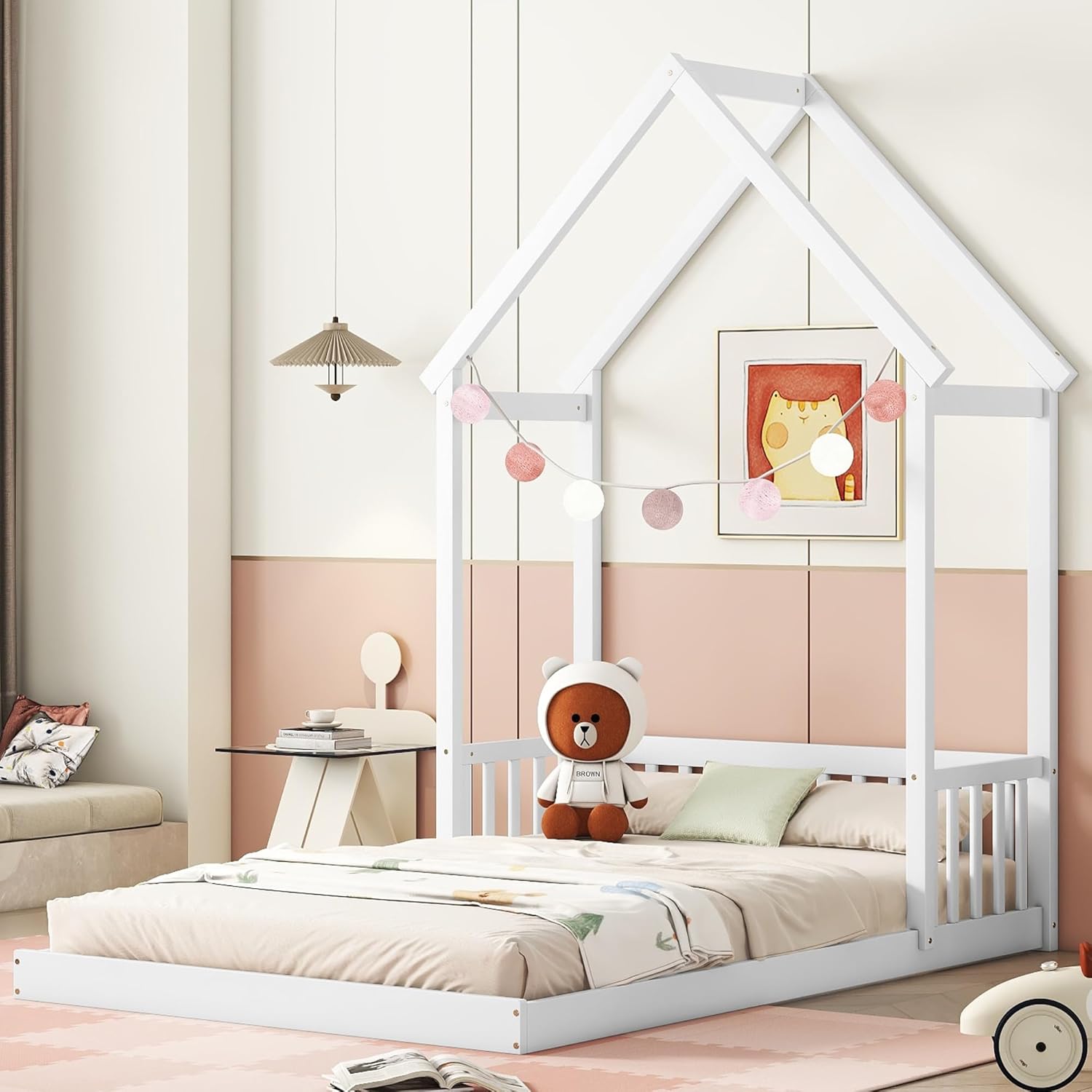 Bellemave Full Size Children's Floor Bed, Montessori House Bed Frame with House Shaped Roof and Half Fence, Wood Floor Bed for Boys, Girls, Low to Floor Height, White
