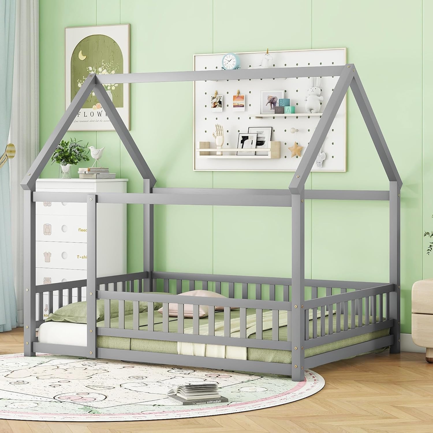 Bellemave Children's Full Size House Bed Frame, Full Floor Bed, Wooden Montessori Floor Bed with Fence and Roof, Girl, Boy, Gray