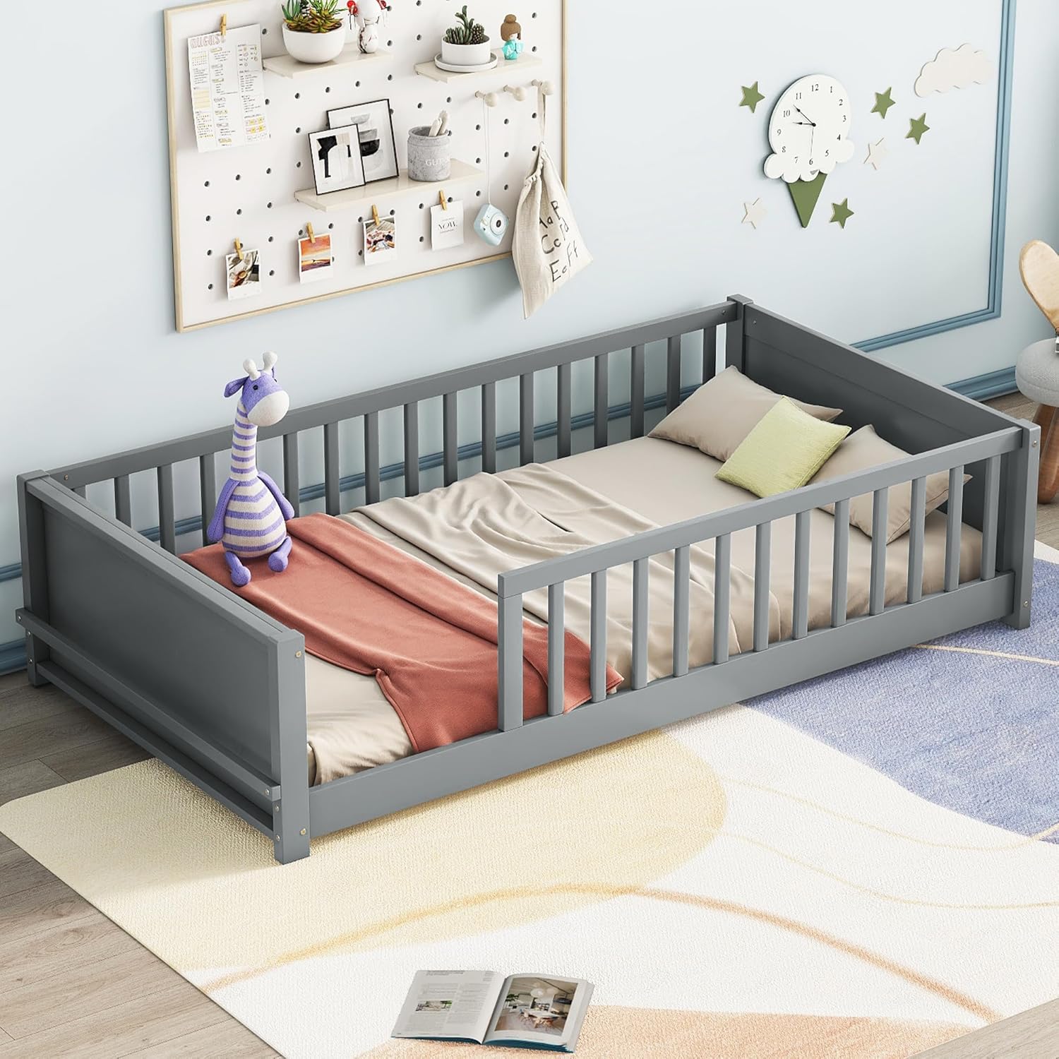 ALFRESCOOL Single Montessori Floor Bed with Safety Enclosure and Convertible Door, Pine Toddler Floor Bed Frame with Supporting Slats and Full-Length Guardrails for Children Girls Boys (Espresso)