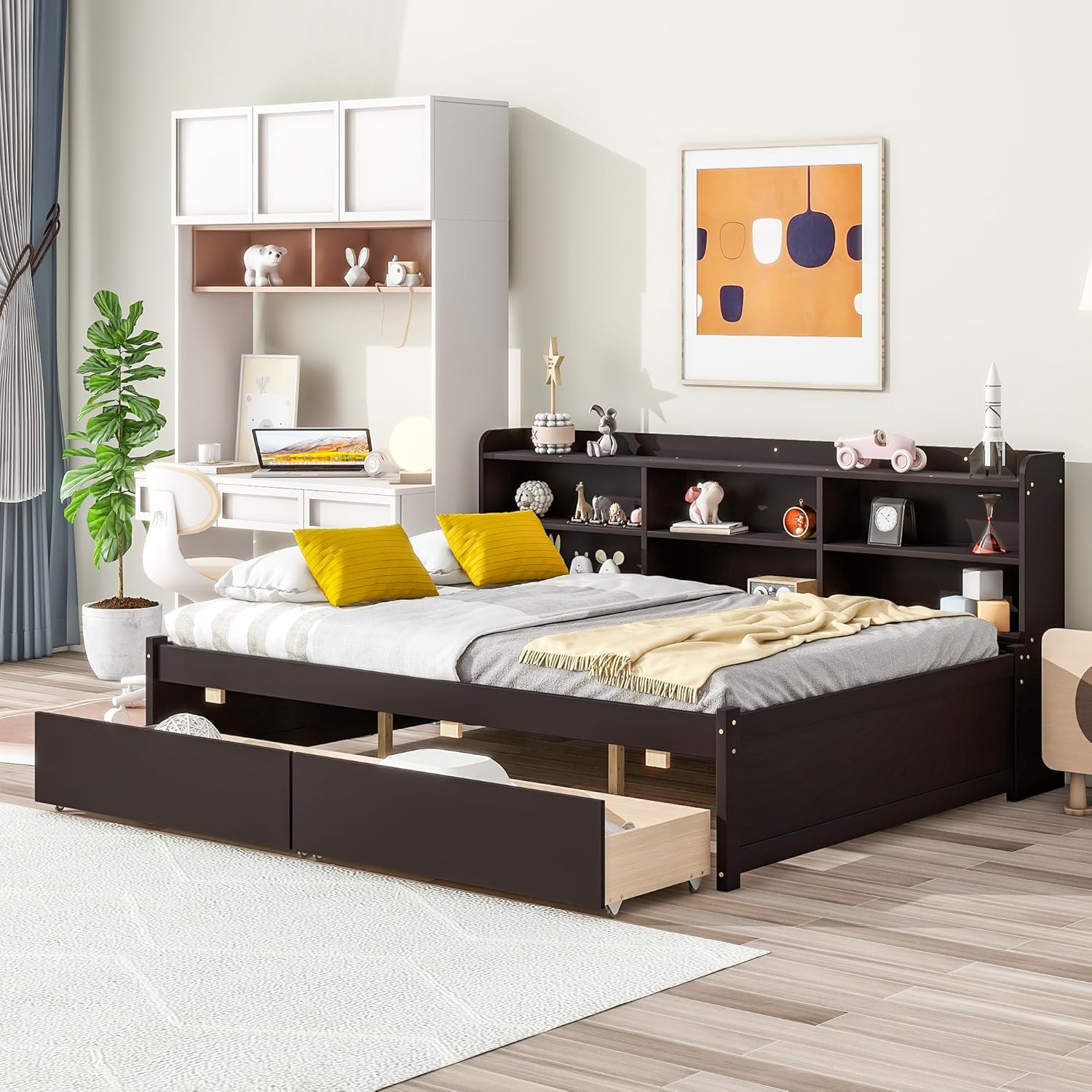 Bellemave Full Sofa Bed with Storage Bookcase and Drawers Wooden Platform Bed with Side Panels Full Size Sofa Bed Frame for Teens Boys Girls Kids,Espresso