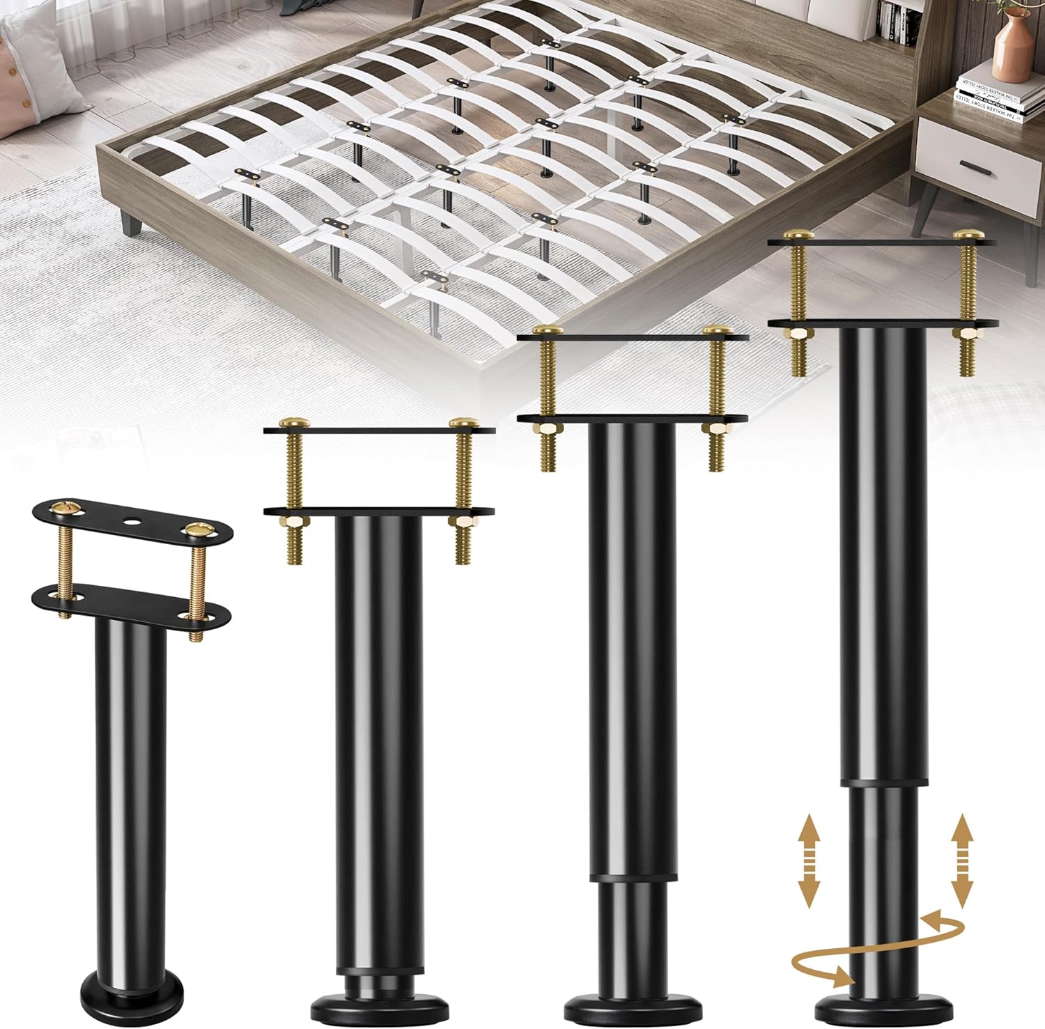 4-Piece Replacement Adjustable Bed Legs, Upgraded Support Legs with Wider Base, Heavy Duty Metal Bed Frame Center Support Legs for Platform Beds, Height 17.78 cm to 32.03 cm Adjustable Bed Legs Bed Base