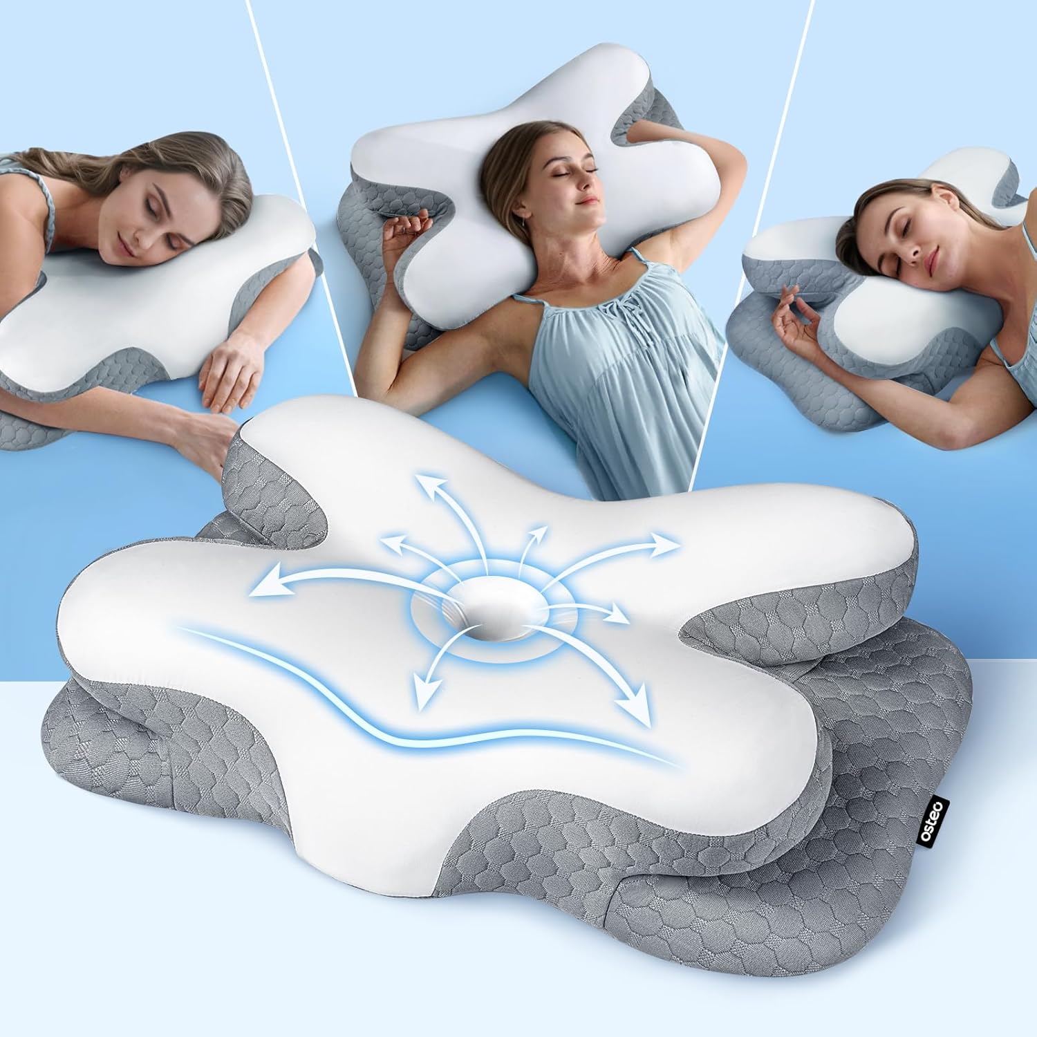 Osteo Enjoy Pain Relieving Sleep Neck Pillow, Ergonomic Contour Zoning for Side Sleeping, Temperature-Free Memory Foam Pillow, Q-max Cooling Pillow Supports Back Abdominal Sleeping