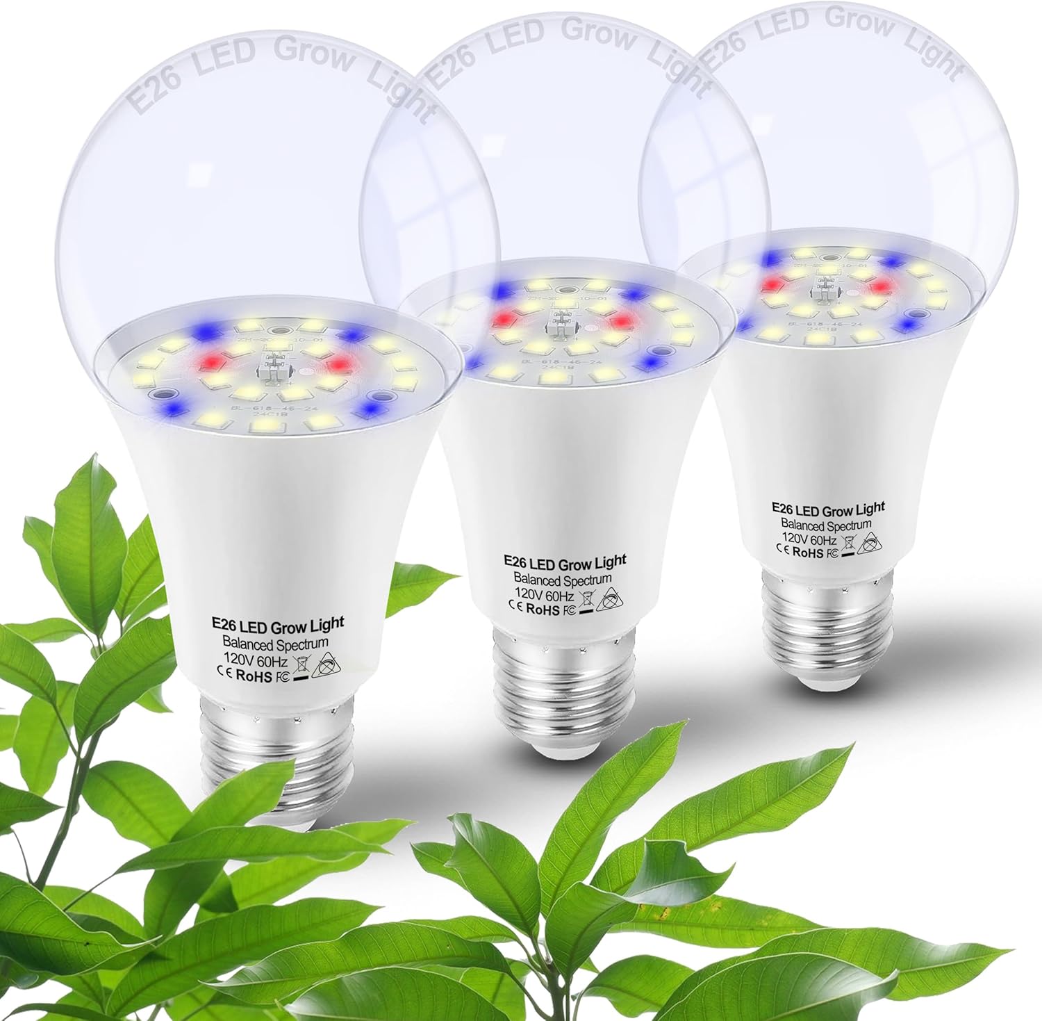 Indoor Plant Grow Bulbs Full Spectrum E26 A19 Grow LED Bulbs 10W Balanced Spectrum 5000K Red Blue For Seed Green Lab, School, Greenhouse, Indole Garden, Hydroponics, 3 Pack