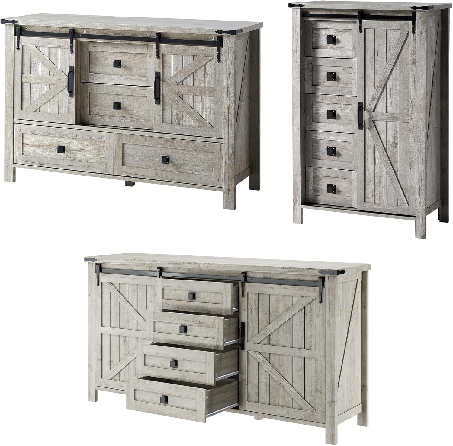 3 Pieces Bedroom Set - Includes 60" Farmhouse Dresser, 48" Chest of Drawers with Sliding Barn Doors, 48" Tall Storage Cabinet with 5 Drawers, Rustic Grey