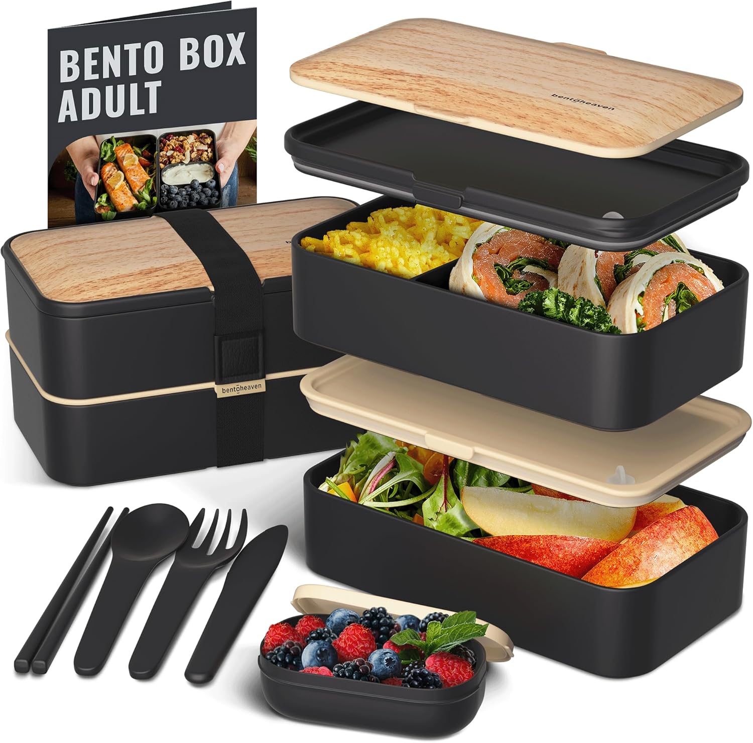 Premium Bento Box Unisex Lunch Box Tableware Chopsticks Dipping Container Cute Japanese Kids Bento Lunch Box Microwaveable (Symph Onyx)