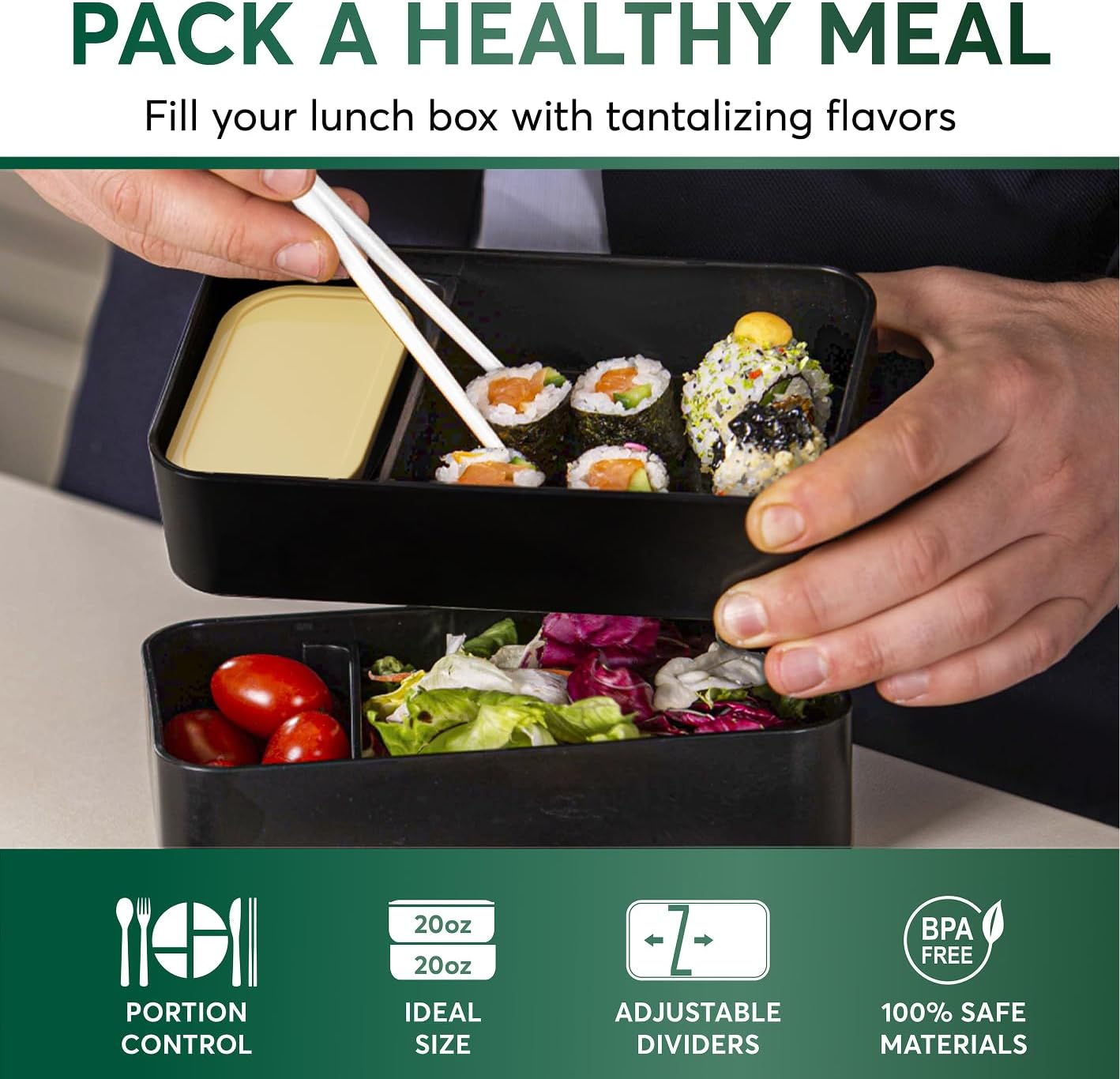 Bento Box Adult All-in-One with 4 Utensils Large Sauce Jar 2 Dividers 100% Leak-proof Microwave and Dishwasher Safe Stackable Bento Lunch Box for Men and Women Black Bamboo 1,13 0.4 oz 0
