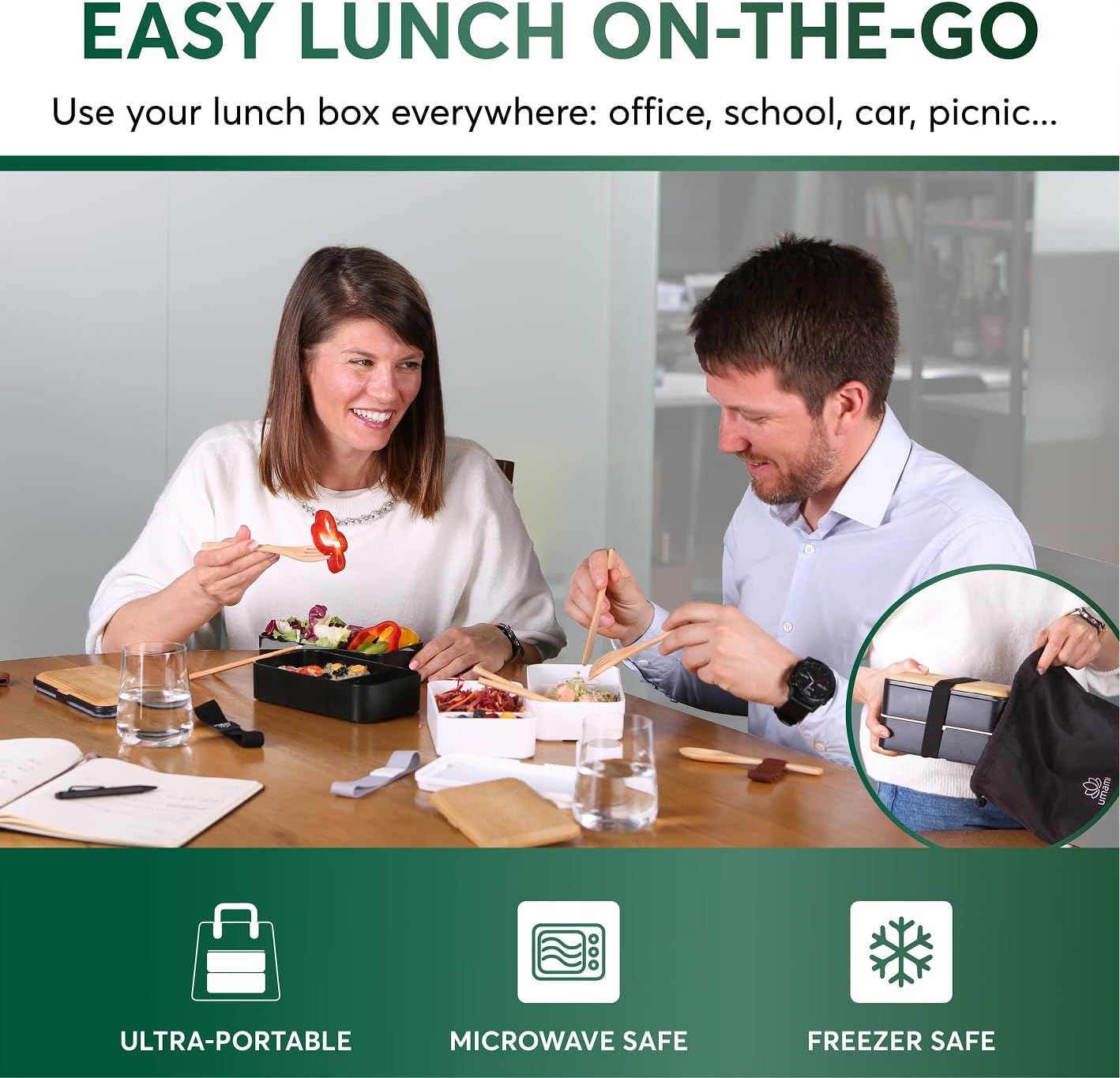 Bento Box Adult All-in-One with 4 Utensils Large Sauce Jar 2 Dividers 100% Leak-proof Microwave and Dishwasher Safe Stackable Bento Lunch Box for Men and Women Black Bamboo 1,13 0.4 oz 0