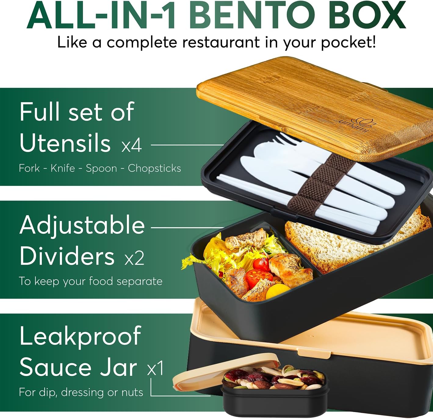 Bento Box Adult All-in-One with 4 Utensils Large Sauce Jar 2 Dividers 100% Leak-proof Microwave and Dishwasher Safe Stackable Bento Lunch Box for Men and Women Black Bamboo 1,13 0.4 oz 0