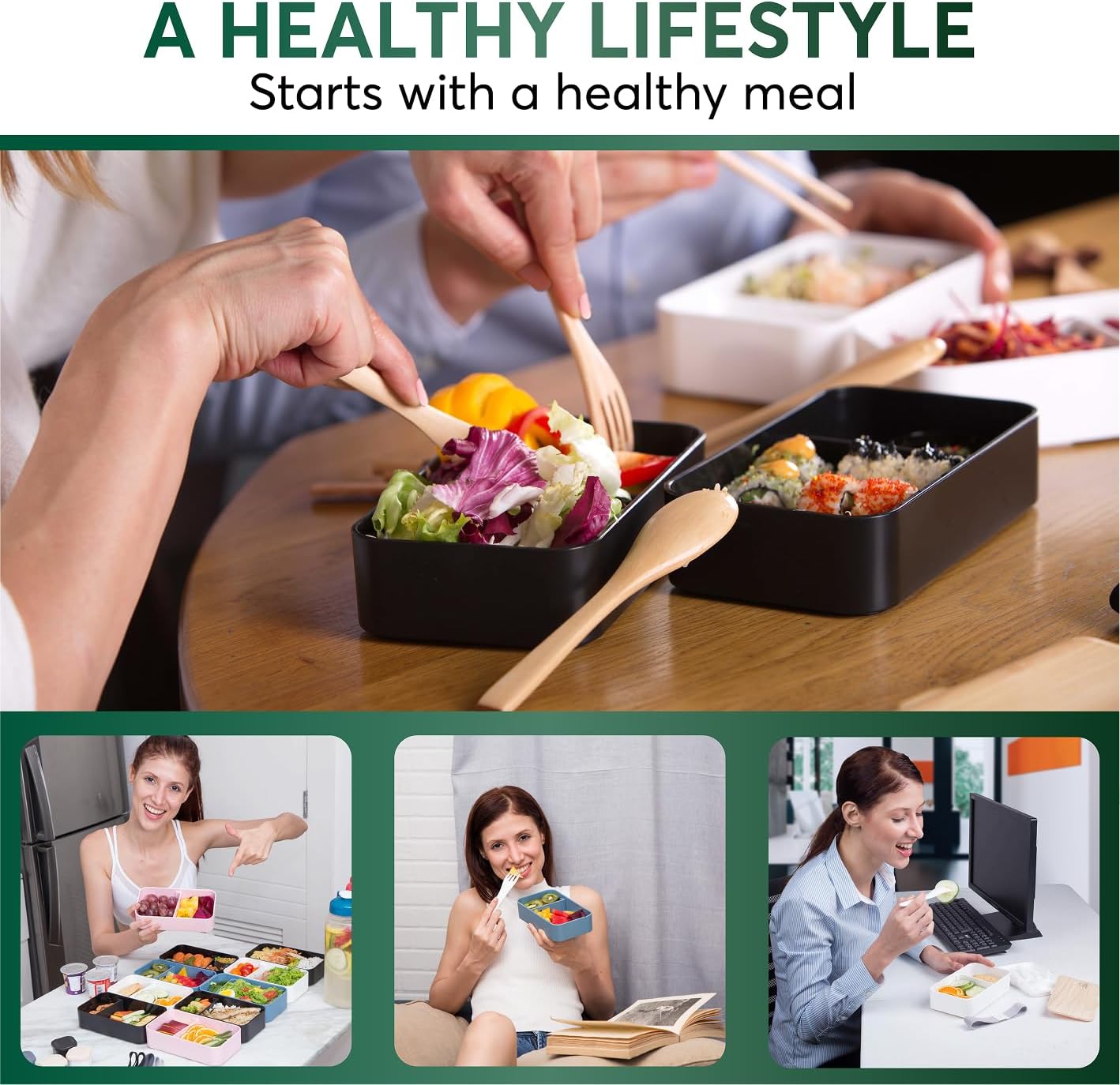 Bento Box Adult All-in-One with 4 Utensils Large Sauce Jar 2 Dividers 100% Leak-proof Microwave and Dishwasher Safe Stackable Bento Lunch Box for Men and Women Black Bamboo 1,13 0.4 oz 0
