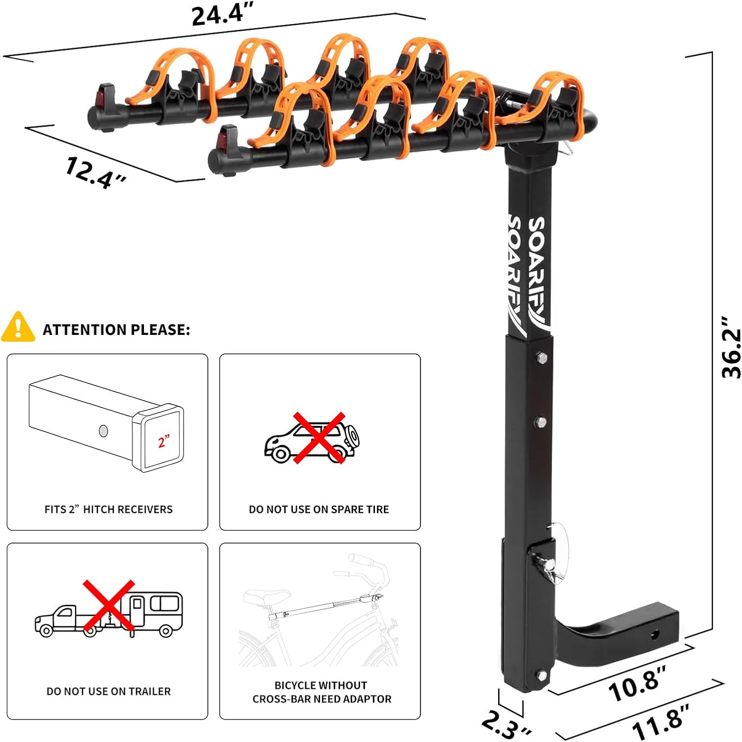 Hitch Bike Rack, 4 Bike Capacity, 150 lb Load, Tilt Release