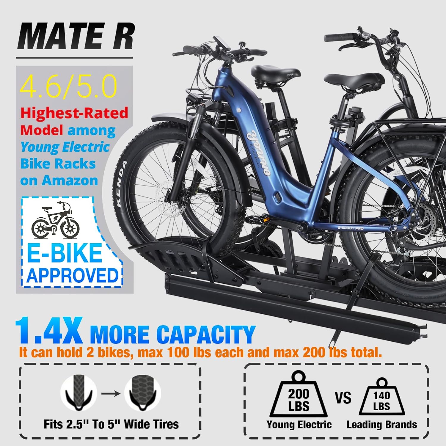 200 lb Electric Bike Rack with Ramp, Fits Cars, SUVs