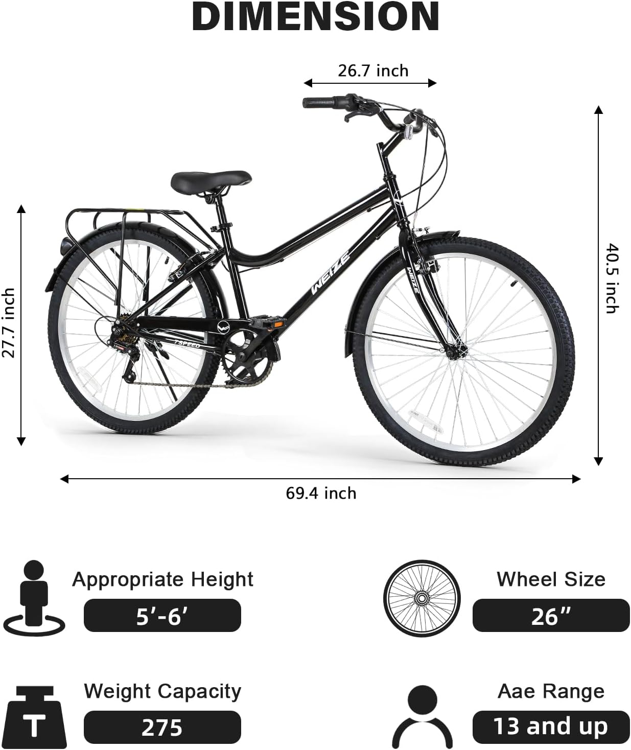 26" 7 Speed City Bike, High Carbon Steel