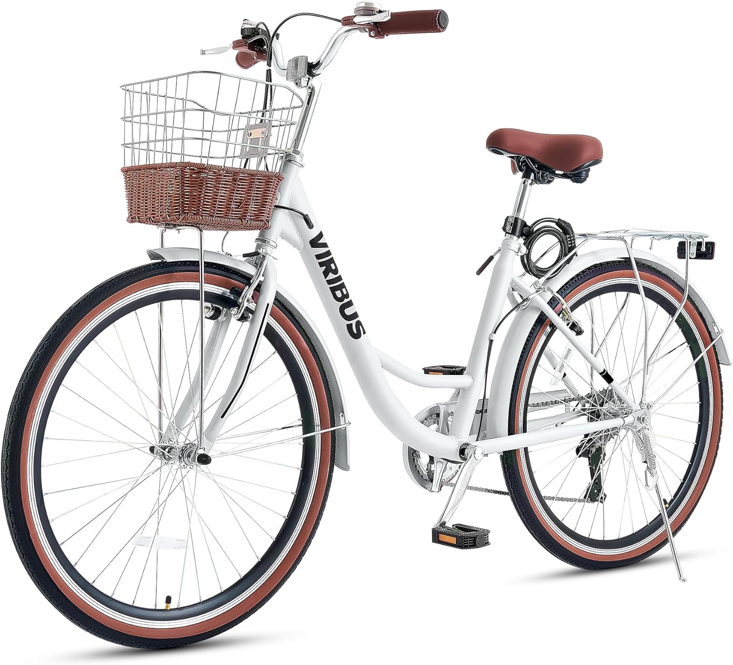 Women's 7 Speed Beach Cruiser Bike, 24/26", Rattan Basket, Rack