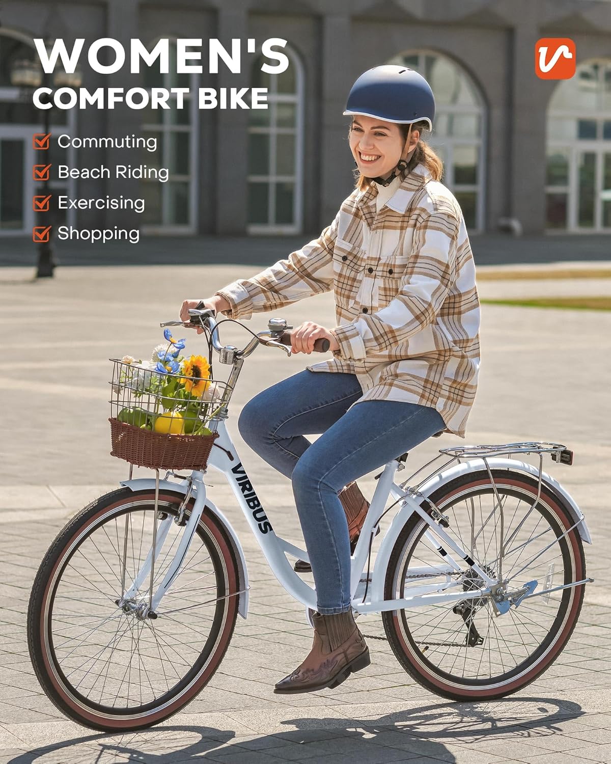 Women's 7 Speed Beach Cruiser Bike, 24/26", Rattan Basket, Rack