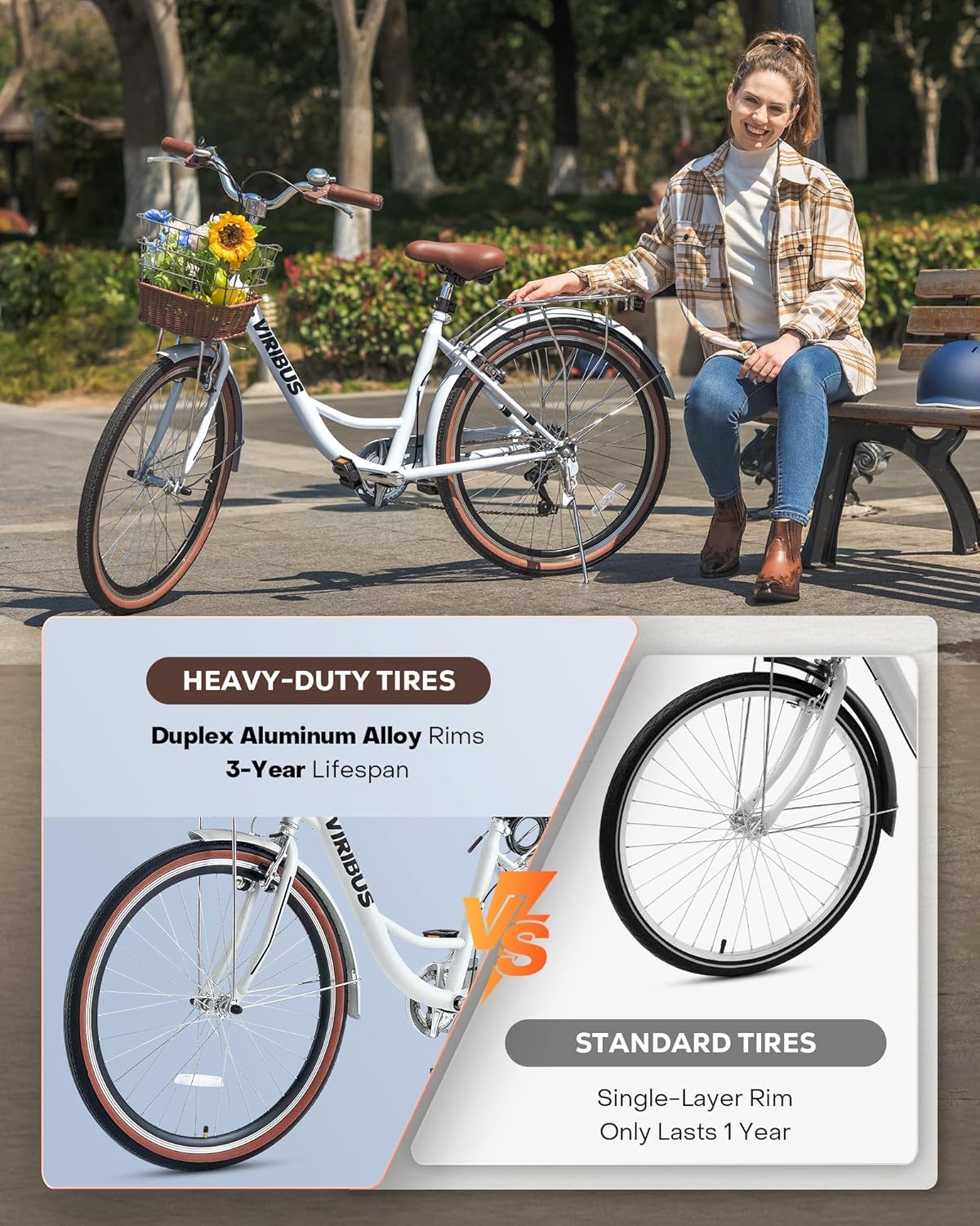 Women's 7 Speed Beach Cruiser Bike, 24/26", Rattan Basket, Rack