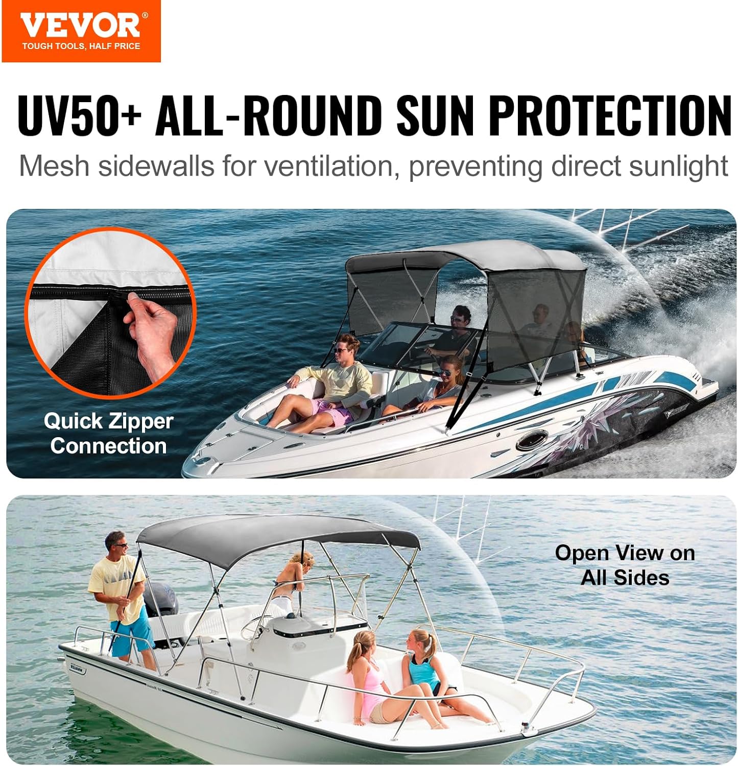 3 Bow Top Boat Cover, Removable Mesh Sidewalls