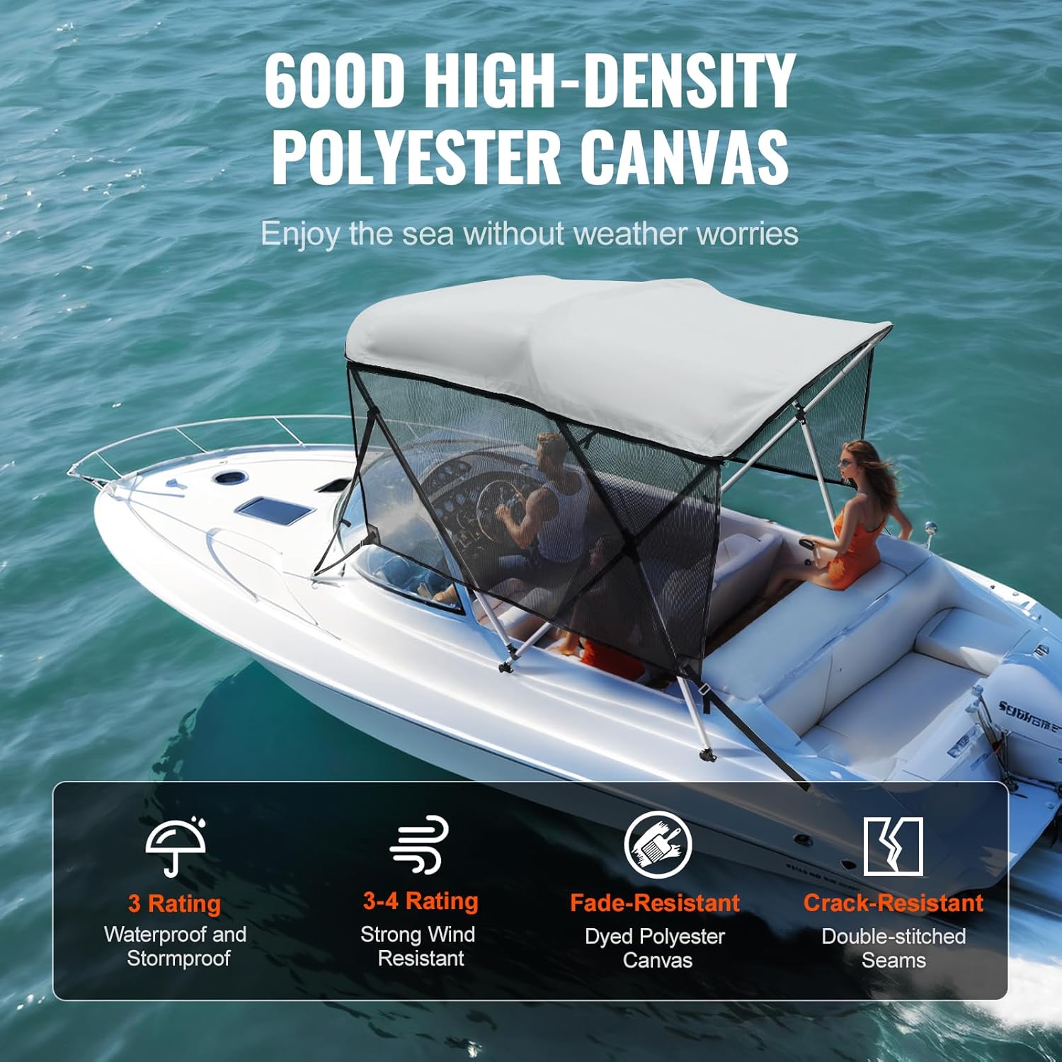 3 Bow Top Boat Cover, Removable Mesh Sidewalls