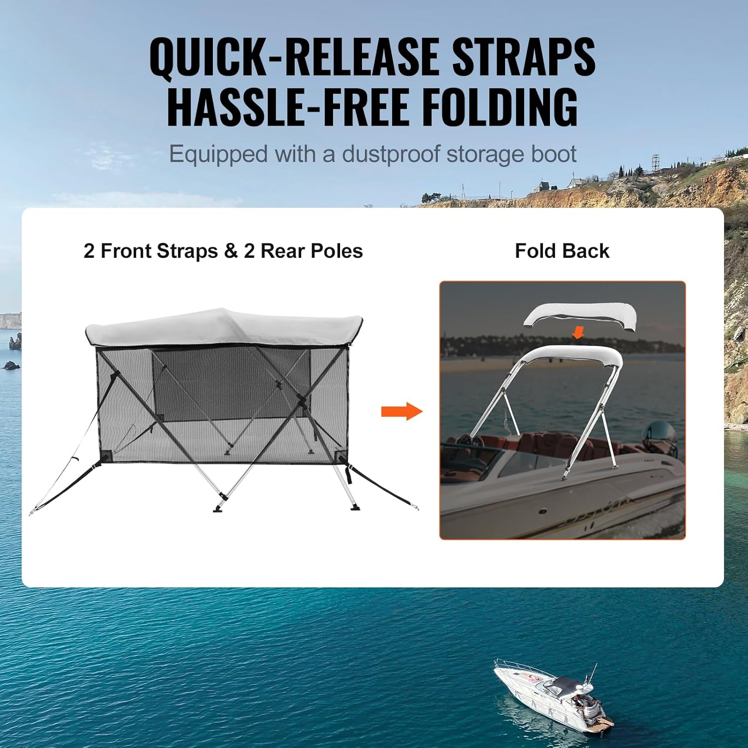 3 Bow Top Boat Cover, Removable Mesh Sidewalls