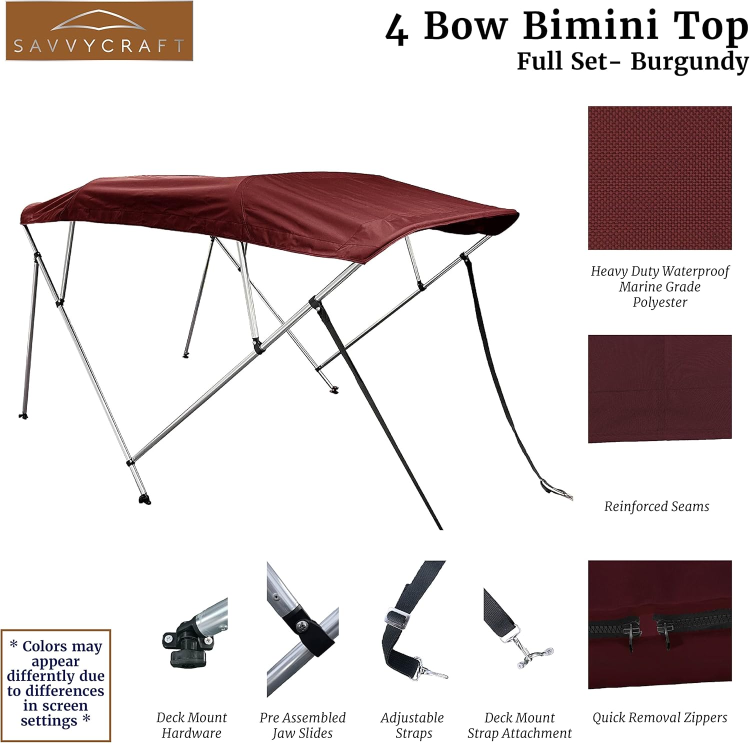 SavvyCraft 4-Bow Bimini Top Boat Cover