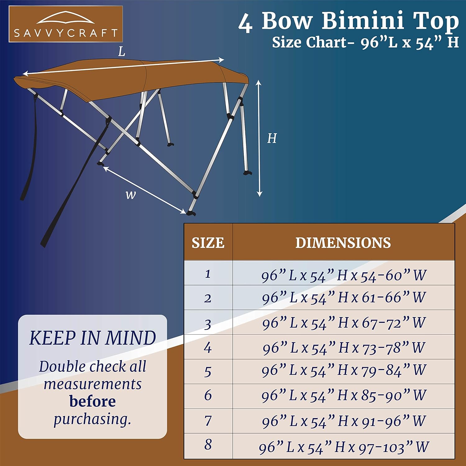 SavvyCraft 4-Bow Bimini Top Boat Cover