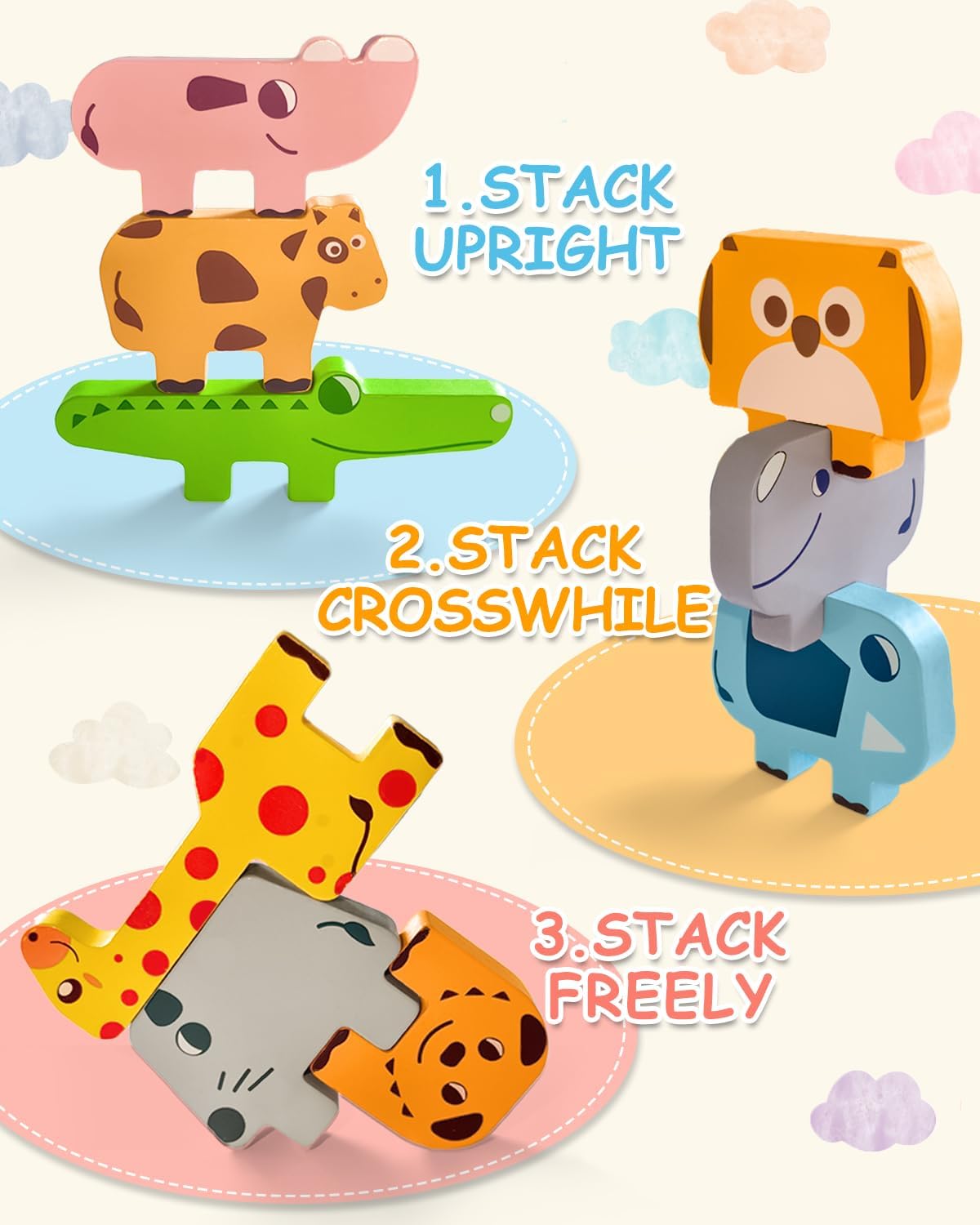 Toys for 1-4 Years Old, Wooden Animal Blocks