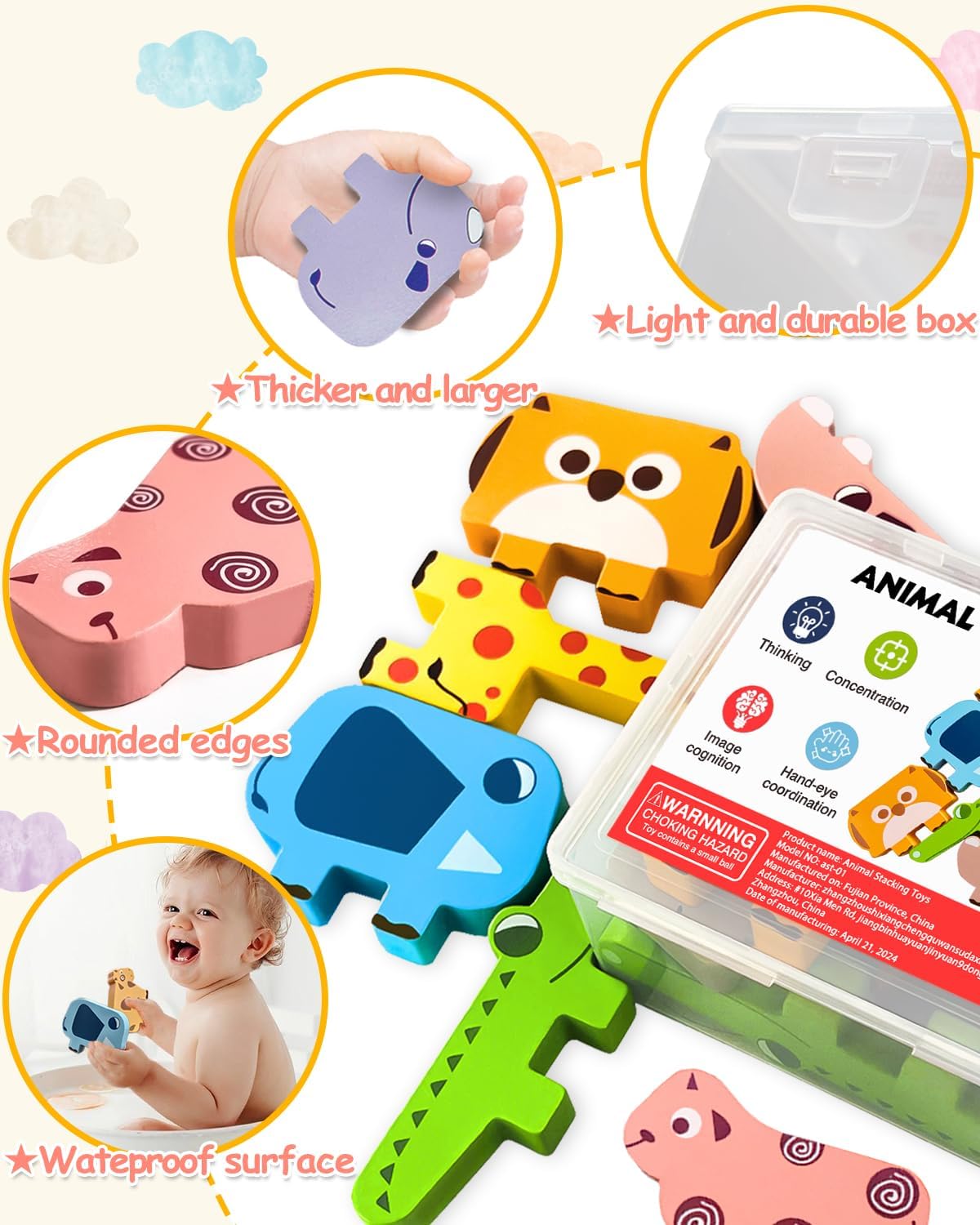 Toys for 1-4 Years Old, Wooden Animal Blocks