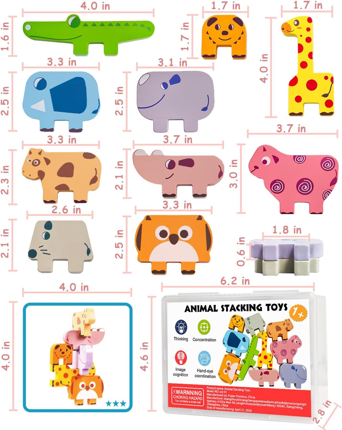 Toys for 1-4 Years Old, Wooden Animal Blocks