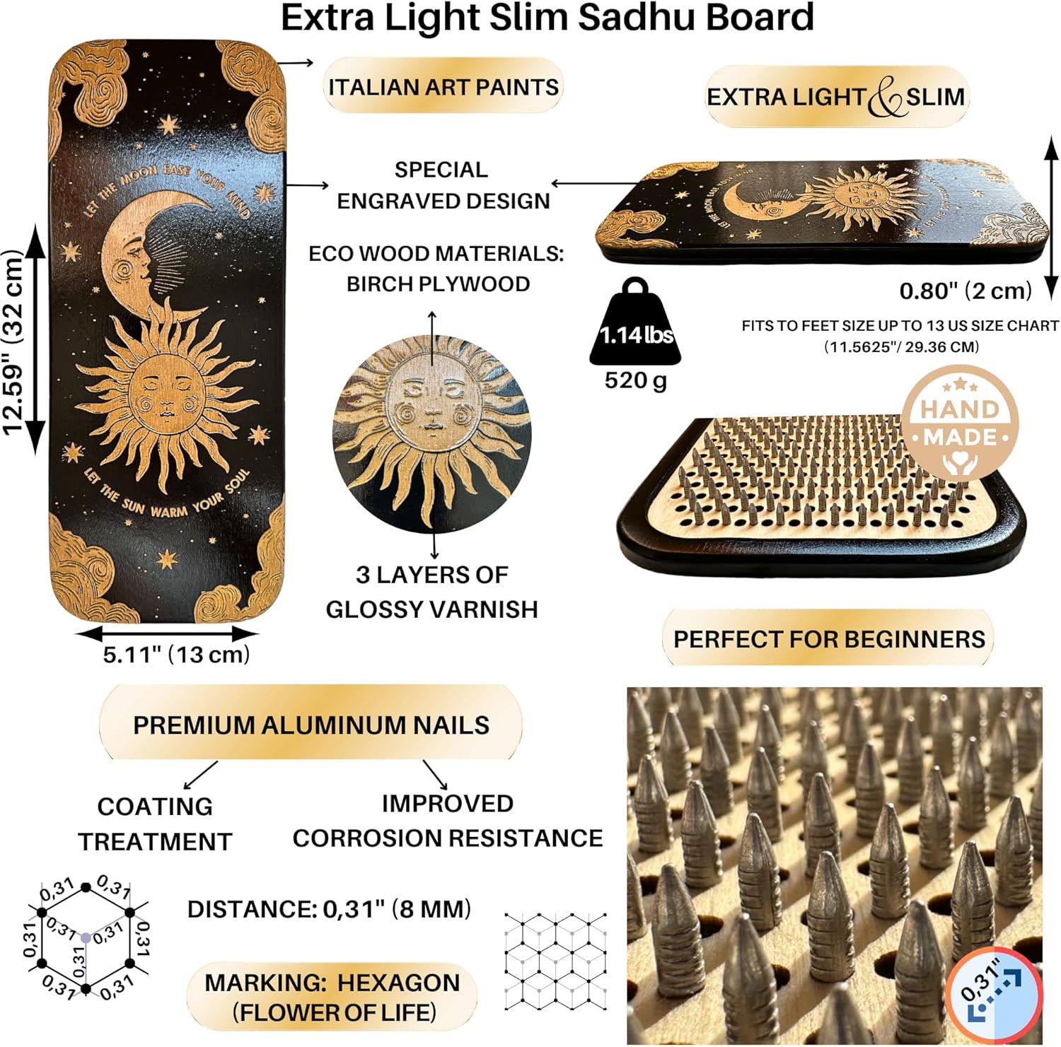 Sadhu Board 8mm Hexagonal High Quality Nails Yoga Gifts
