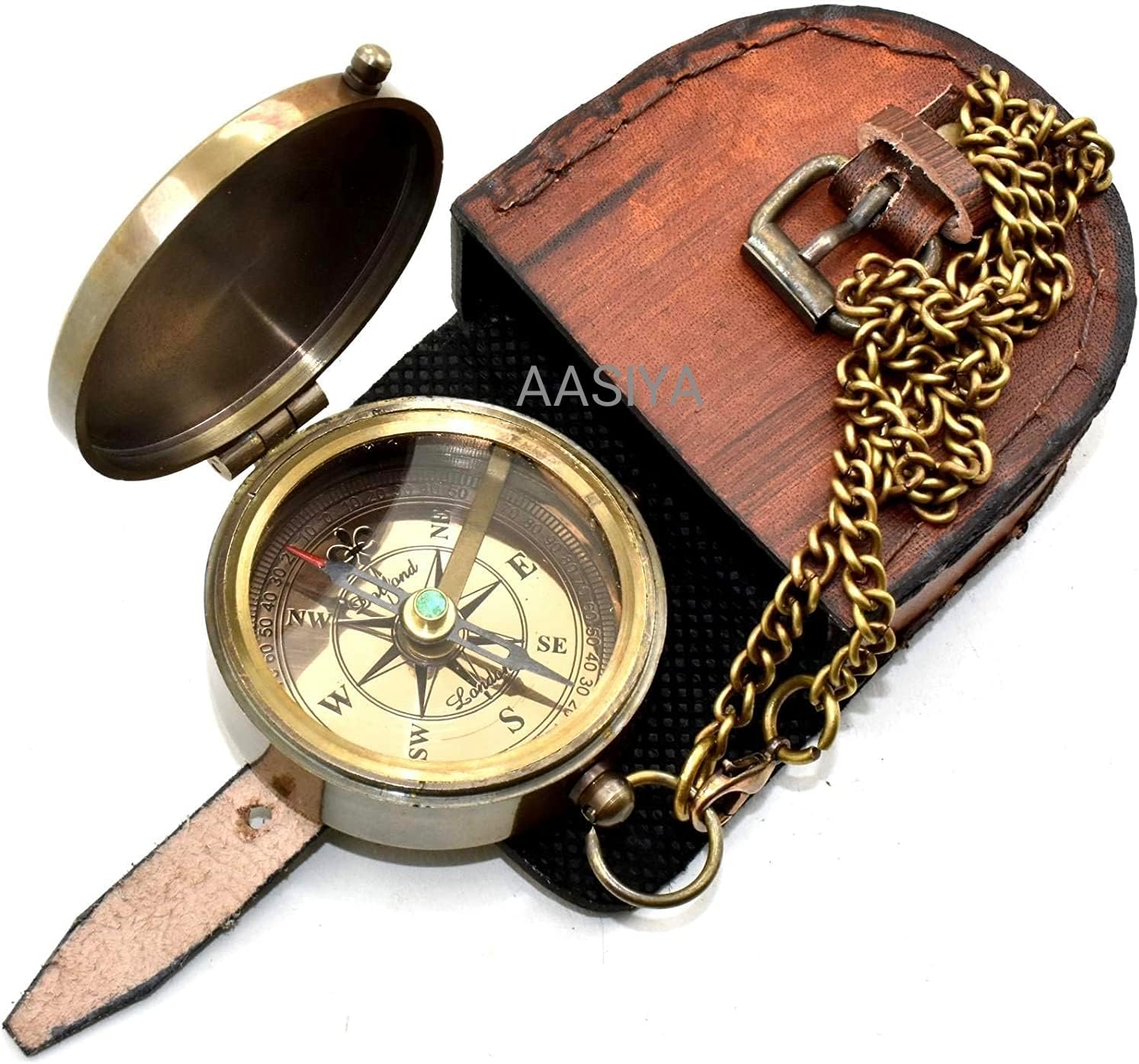 Brass Vintage Pocket Compass with Leather Case
