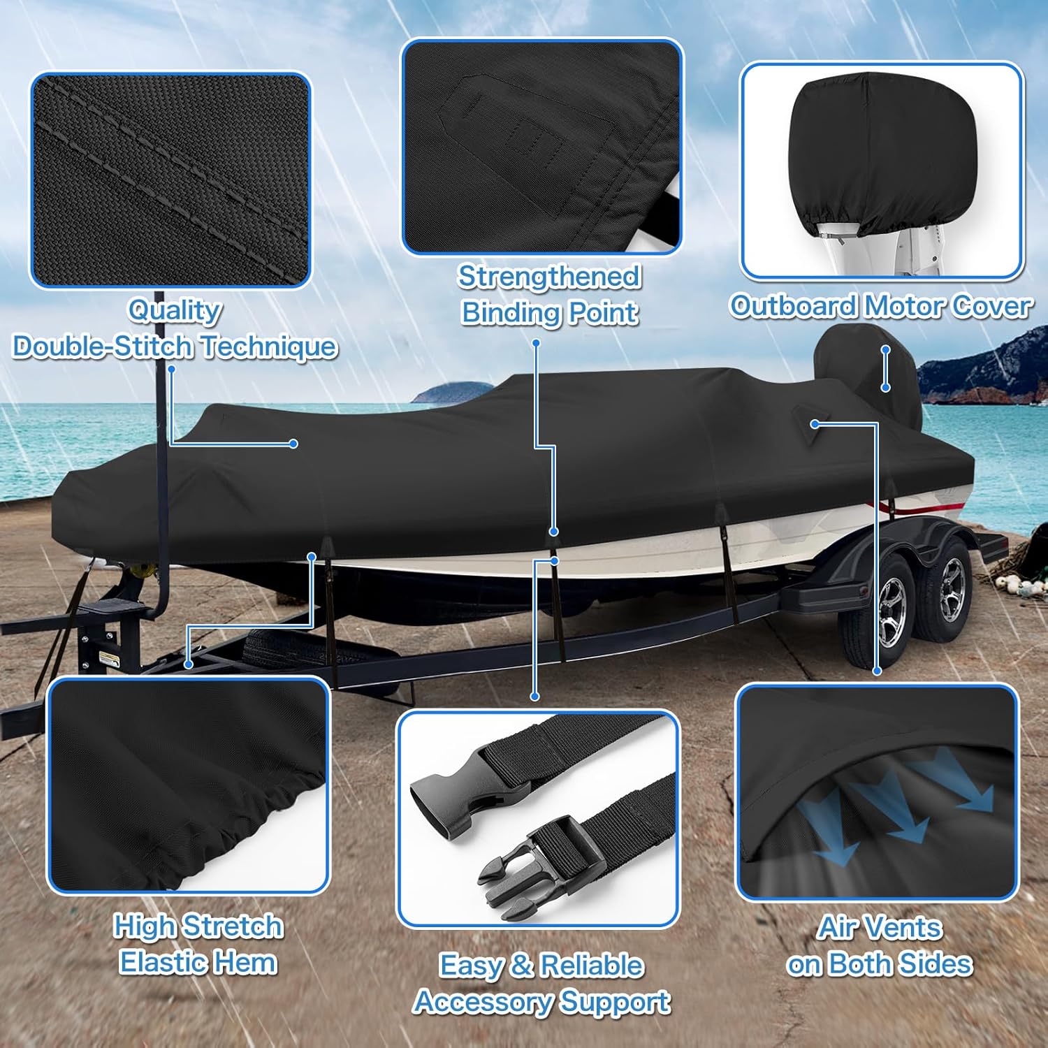 Waterproof 1200D PU Boat Cover, 20-22ft