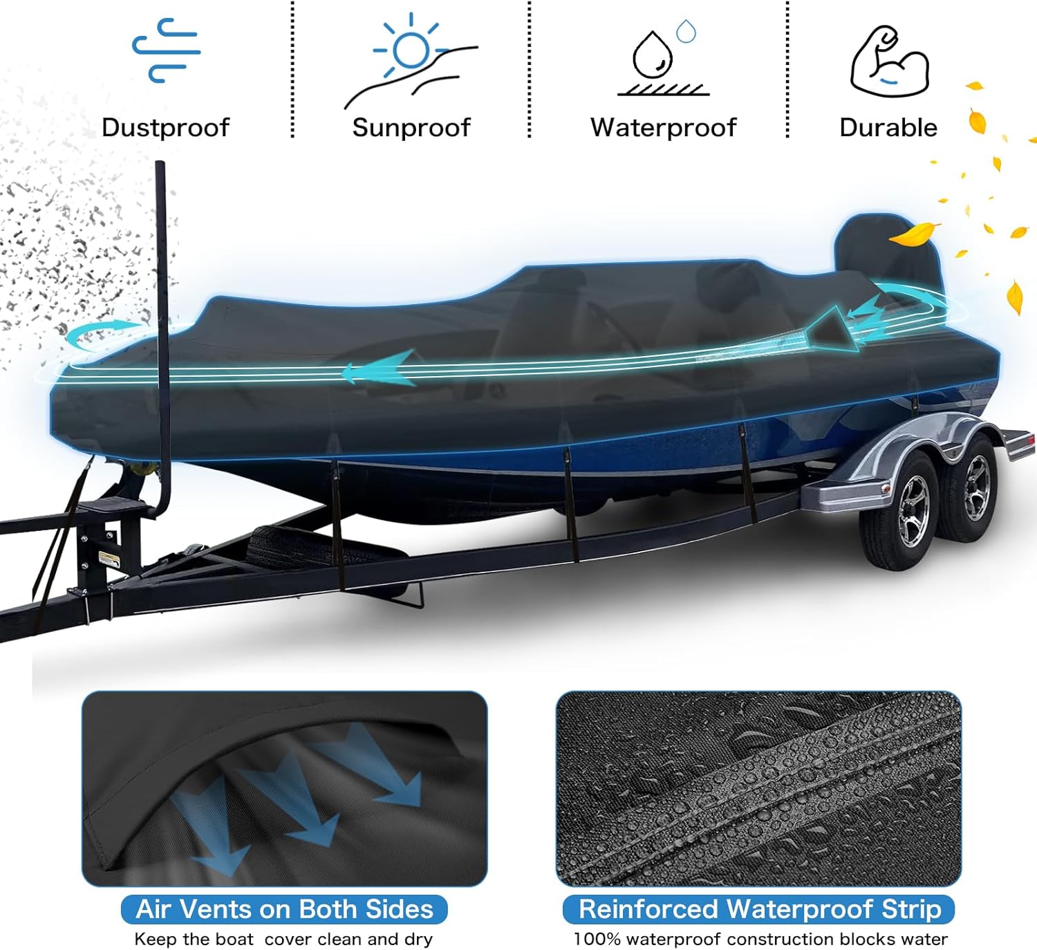 Waterproof 1200D PU Boat Cover, 20-22ft