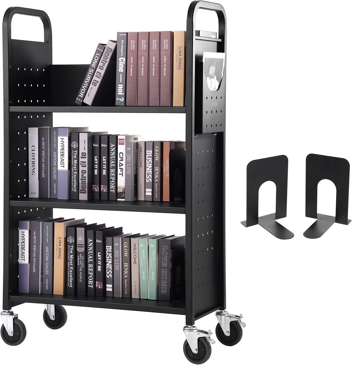 Book Cart, 300 lb Library Cart, 31.15 x 15.25 x 49.25 Inch Rolling Book Cart, Single Sided L-Shaped Flat Shelf with 4 Inch Lockable Wheels for Home Shelving Offices and Schools, Shelf ruck in Bll ack