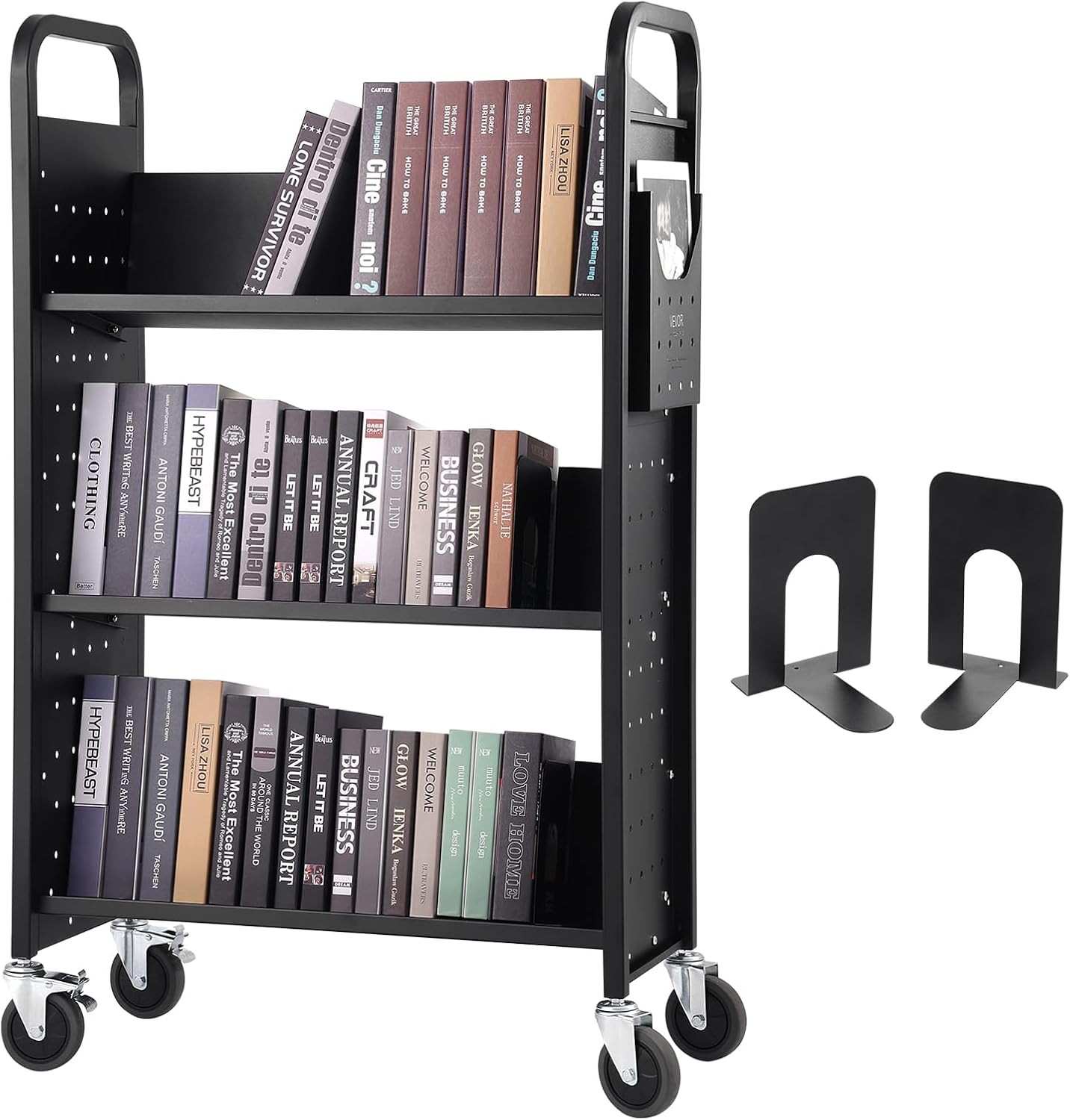 Book Cart, 300 lb Library Cart, 31.15 x 15.25 x 49.25 Inch Rolling Book Cart, Single Sided V-Shaped Tilt Shelf with 4 Inch Lockable Wheels for Home Shelving Offices and Schools, Shelf ruck in Bll ack