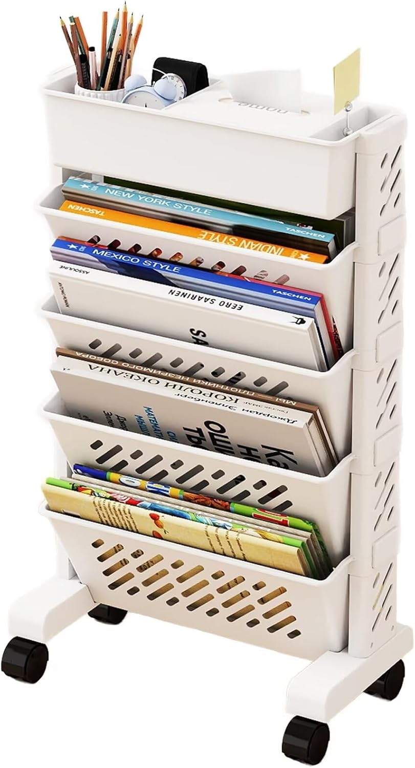 5 Tier Bookcase Organizer Bookcase Rolling Utility Cart with Multiple Casters for Study Office Kitchen Classroom