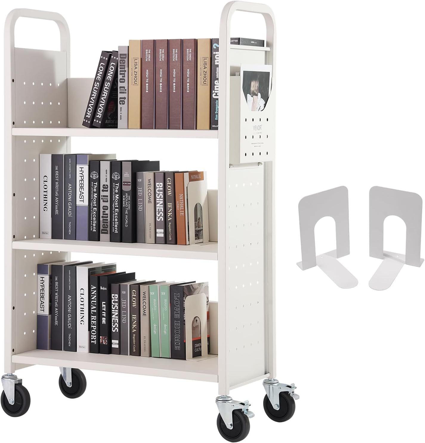 Book Cart, 300 lb Library Cart, 31.15 x 15.25 x 49.25 Inch Rolling Book Cart, Single Sided L-Shaped Flat Shelf with 4 Inch Lockable Wheels for Home Shelving Offices and Schools, Shelf ruck in Whh ite