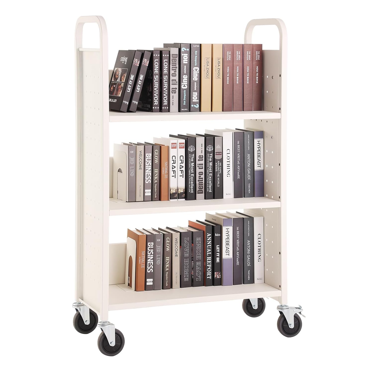 200LBS Library Book Cart, Single Sided V-Shaped Library Cart with 2 Lockable Wheels for Home Shelves Office School Book Truck, White