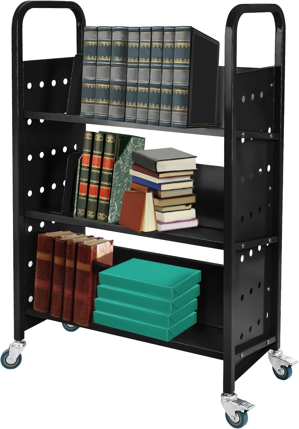 Book Cart, 200LBS Library Cart 3-Shelf, Single Sided V-Shaped Rolling Book Cart with 2 Lockable Wheels for Home Shelves Office School Book Truck,... Blue
