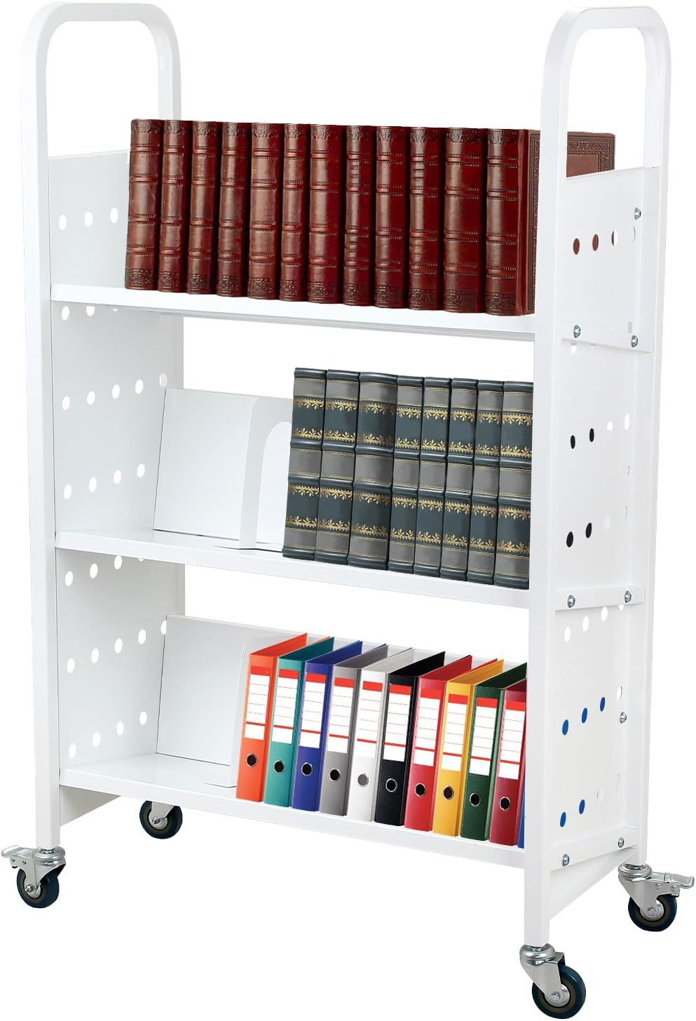 200LBS Library Book Cart, Single Sided V-Shaped Library Cart with 2 Lockable Wheels for Home Shelves Office School Book Truck, White