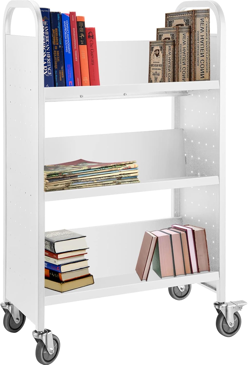 Book Truck, 200 lb Library Cart, 49.2 x 29.5 x 13.8 Inch Rolling Book Truck, Single Sided V Tilt Shelf with 4 Inch Lockable Wheels for Home Shelving Office Book Truck, White