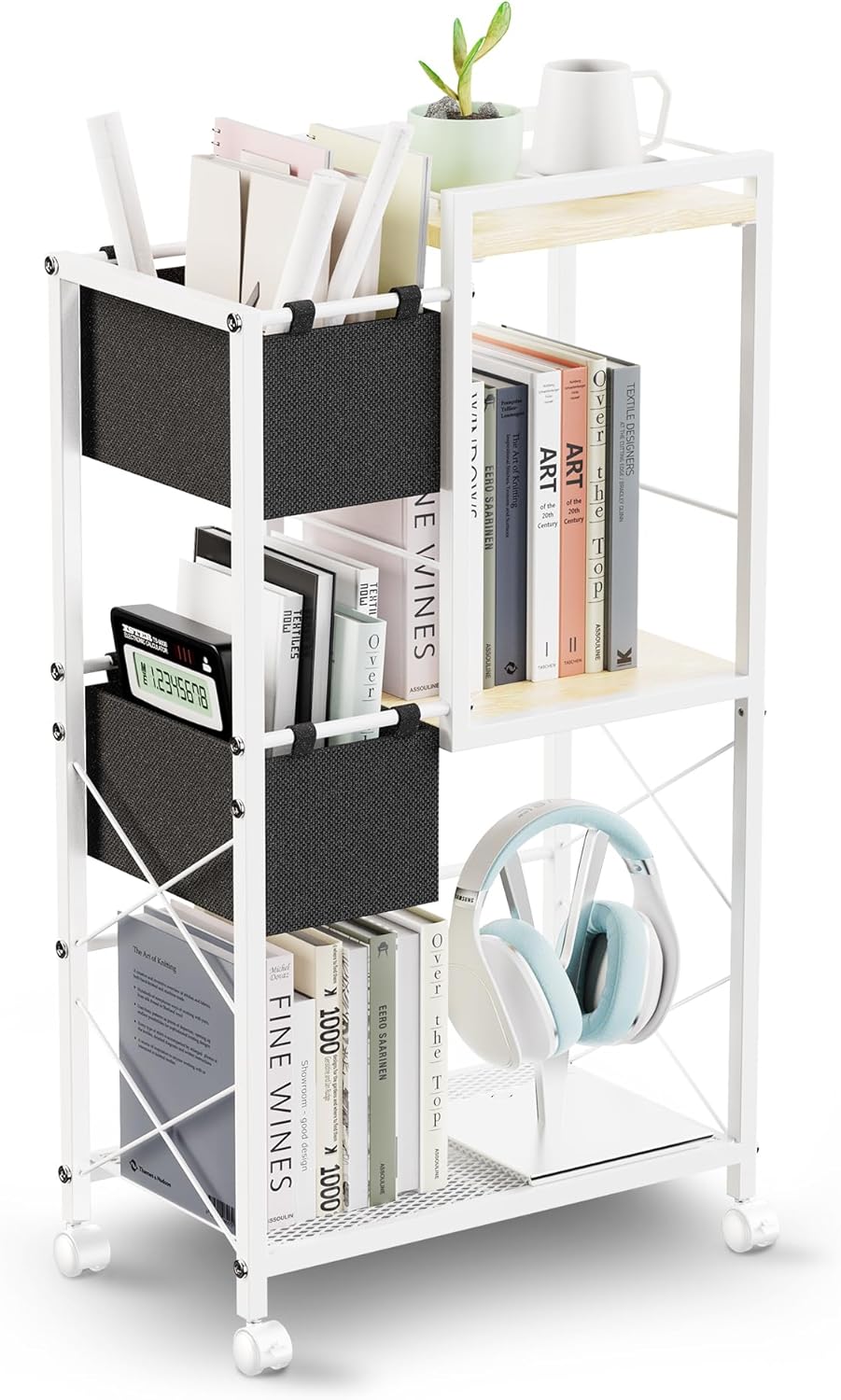 3-tier book trolley with lockable wheels Movable rolling bookcase Metal rolling storage trolley Small practical file organizer for office, kitchen, bathroom (white)