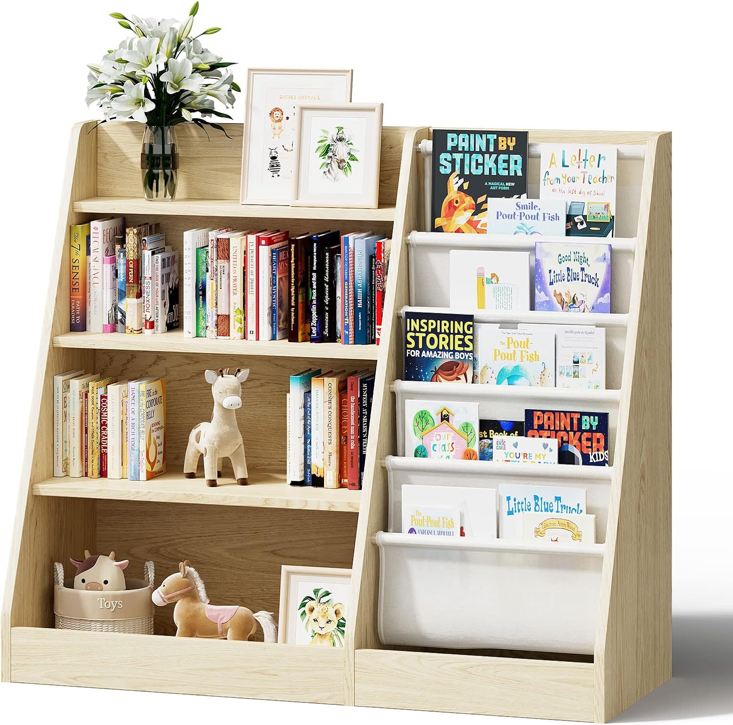 4 Tier Children's Wooden Bookcase,5 Tier Sling Children's Bookcase,Baby Storage Bookcase,Book and Toy Storage Cabinet Cabinet,Book Display Shelf,Playroom Kindergarten Classroom Library
