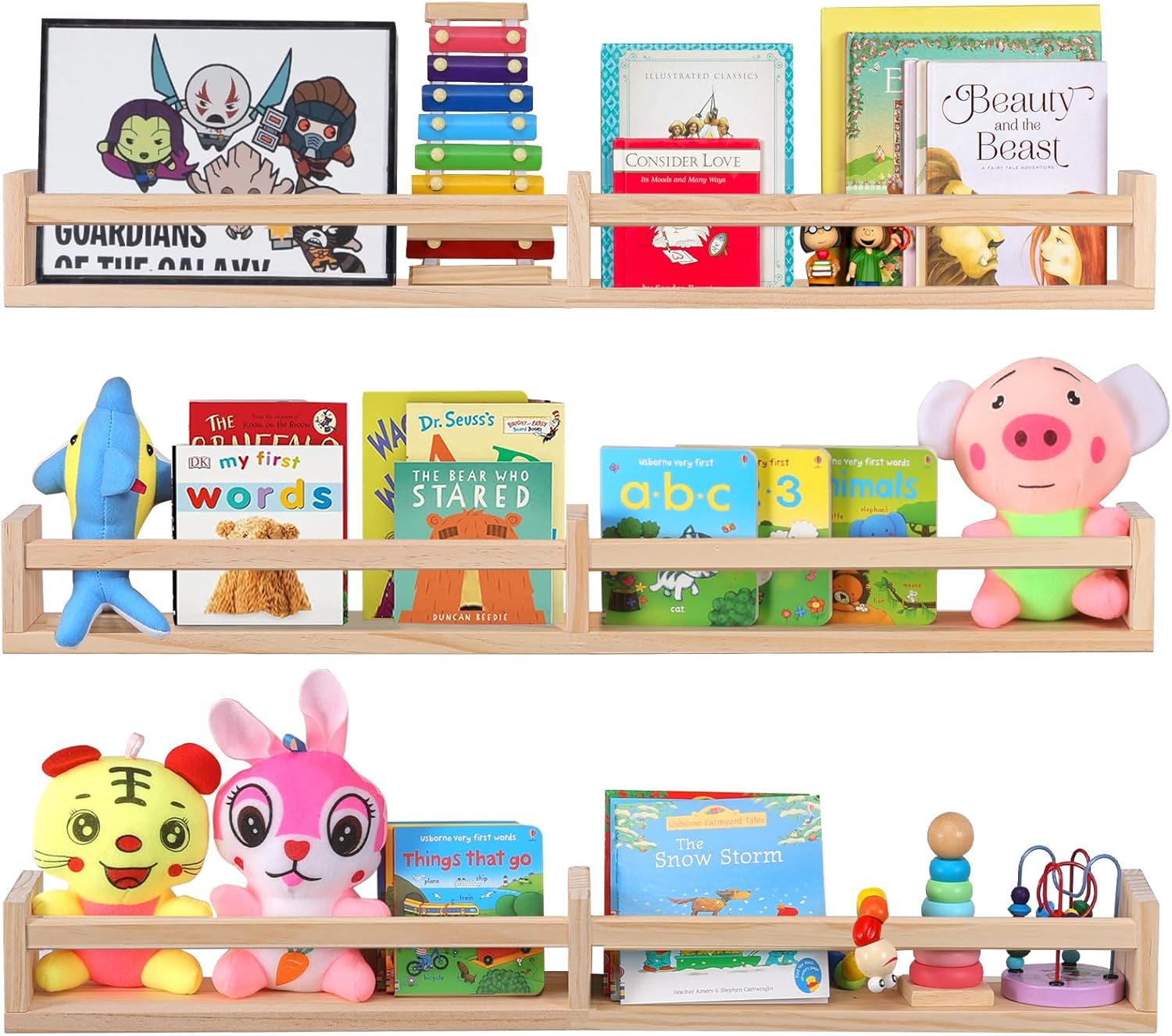 birola nursery bookshelf set of 3, children's room natural wood wall bookshelf - wall bookshelf (32 inch set of 3)