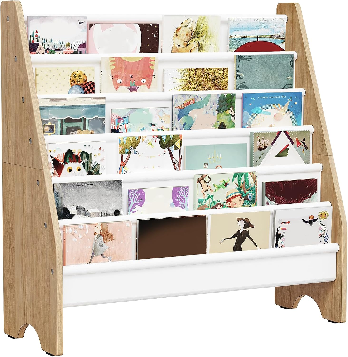 6-Shelf Children's Bookcase, Sling Children's Bookcase, Magazine and Book Storage, Large Capacity Bookcase, Children's Room, Bedroom, Nursery, Playroom, White and Natural MCW07WB