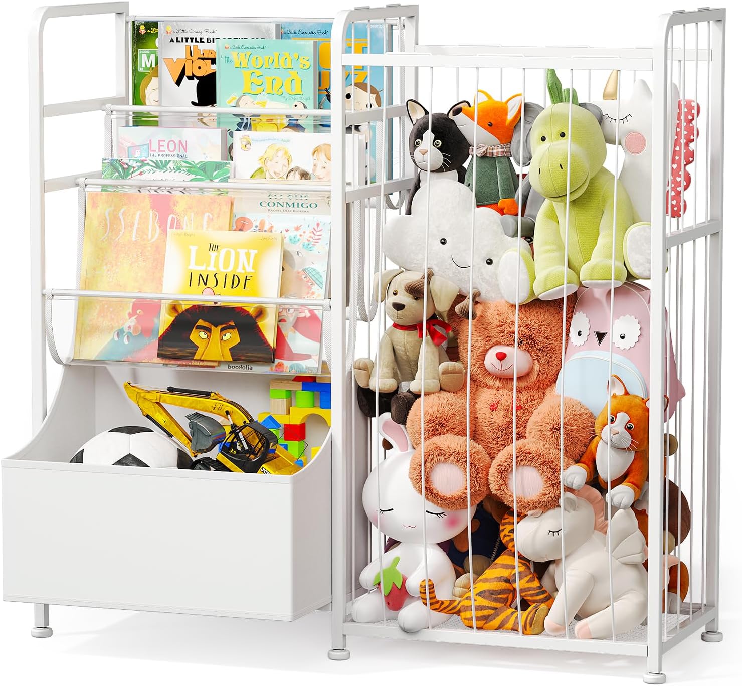BBLIKE Children's Book Shelf and Stuffed Animal Organizer - Multi-functional Kindergarten Book Shelf with Leather Toy Box and PVC Book Display, Playroom, Bedroom, Nursery Toy Storage Bag (White)