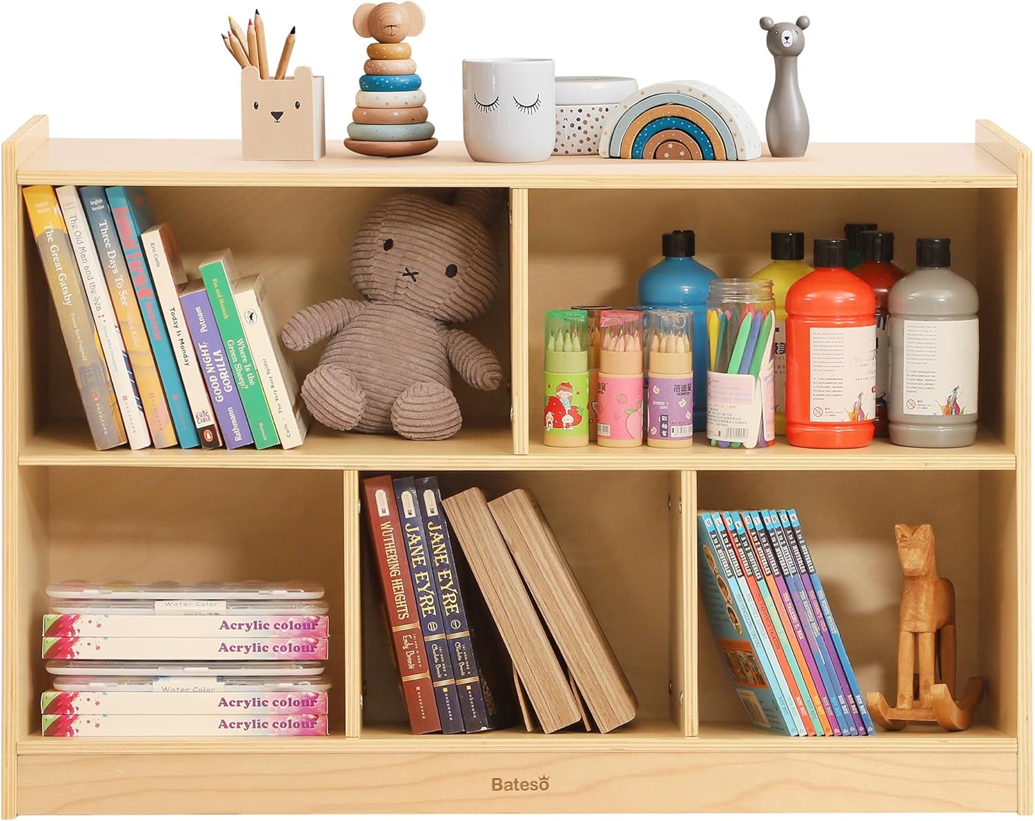 Bateso Toy Storage Organizer, 2 Tier Montessori Bookcase, 5 Segment Children's Bookcase, Classroom Wooden Storage Cabinets, Children's Bookcases and Toddler Toy Racks for Children's Rooms, Playrooms, Nurseries