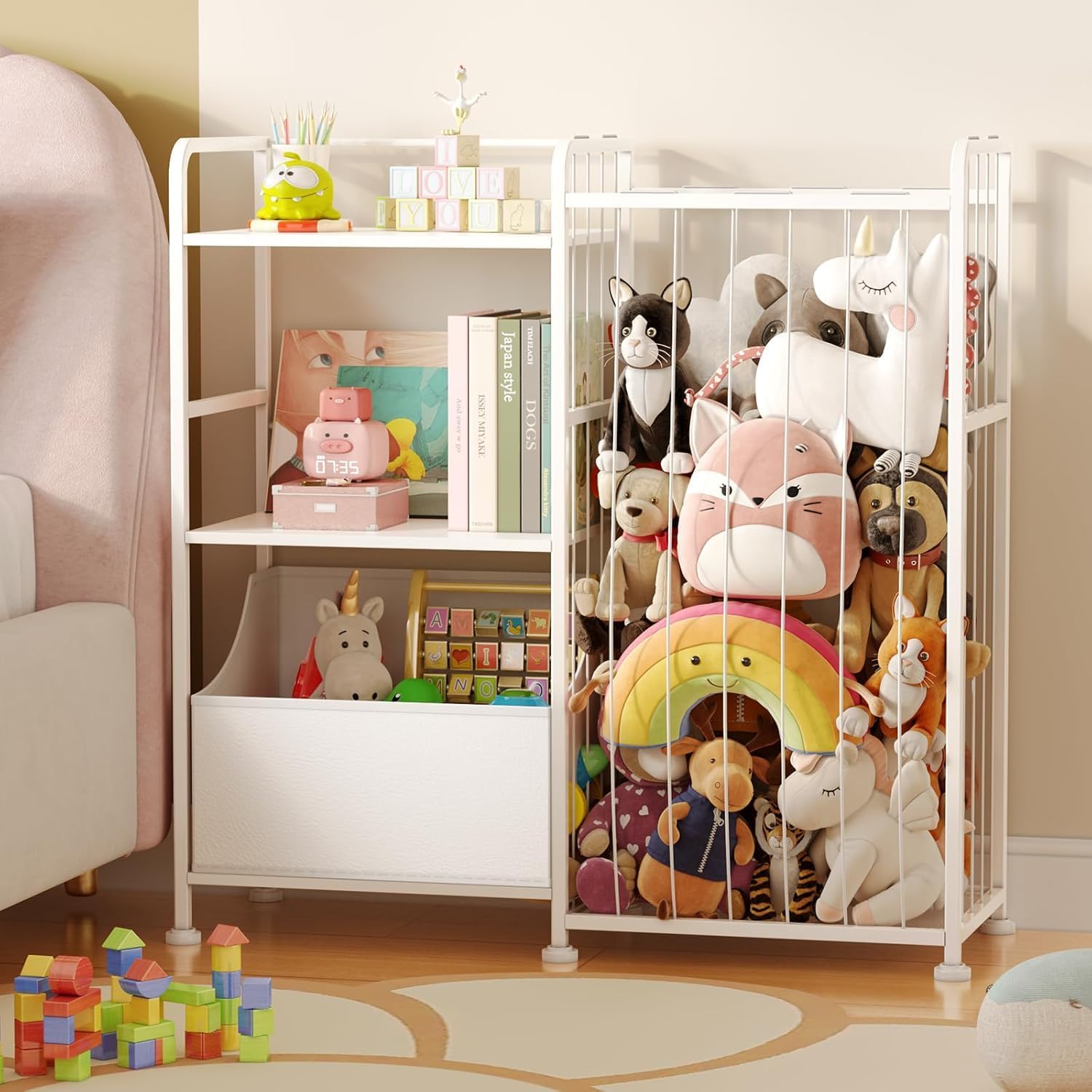 BBLIKE Stuffed Animal Storage - Stuffed Animal Net with Children's Book Shelf and Toy Storage Bag, 2 Tier White Book Shelf with Stuffed Animal Holder and Fabric Toy Box for Children's Rooms, Playrooms, Nurseries (White)