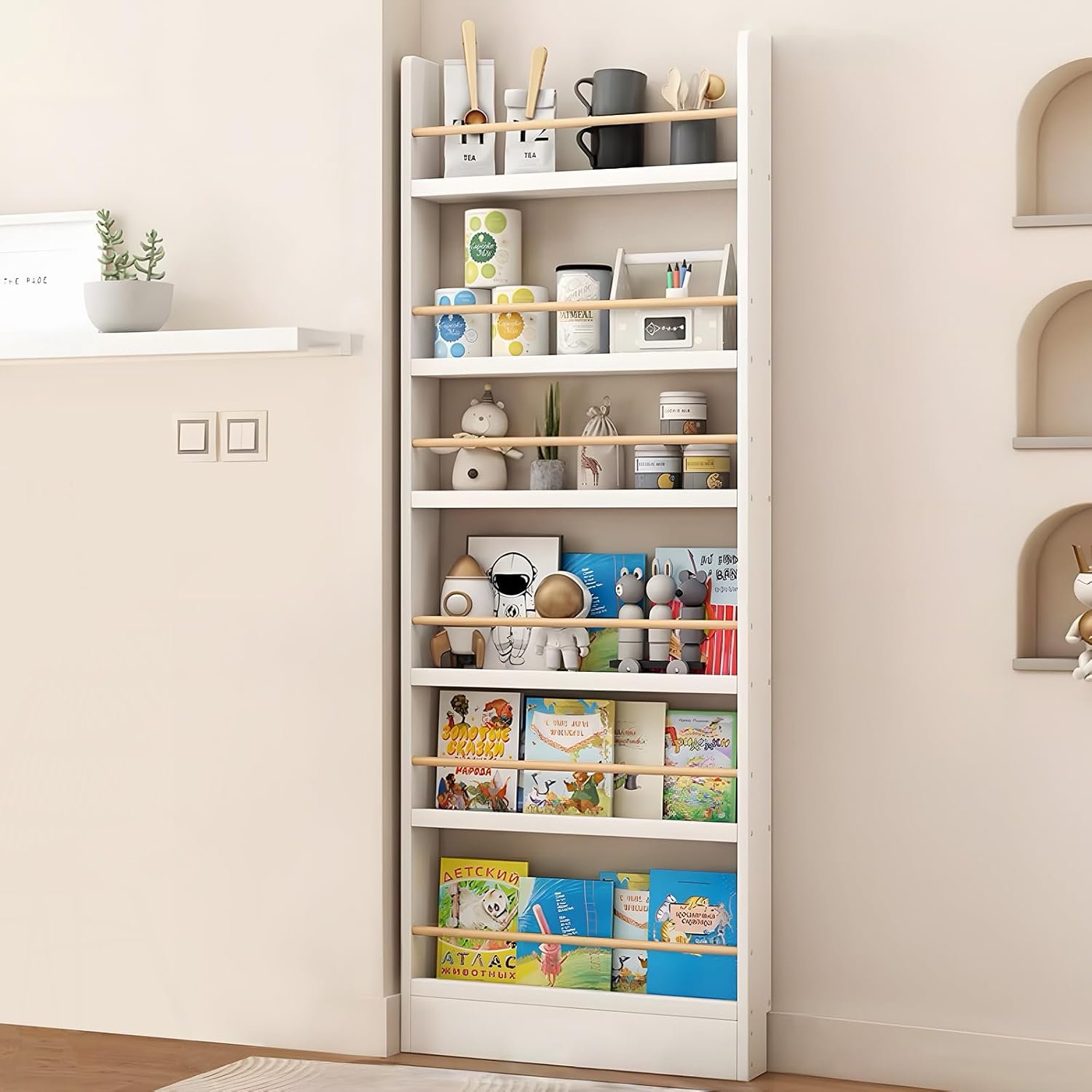 Bookcase,Behind Door Bookcase,3/4/5/6 Tier Back Door Shelf,Solid Wooden Bookcase,Narrow Bookcase for Kids,Space Saving,Book/Toy Storage Bag for Bedroom/Living Room/Office