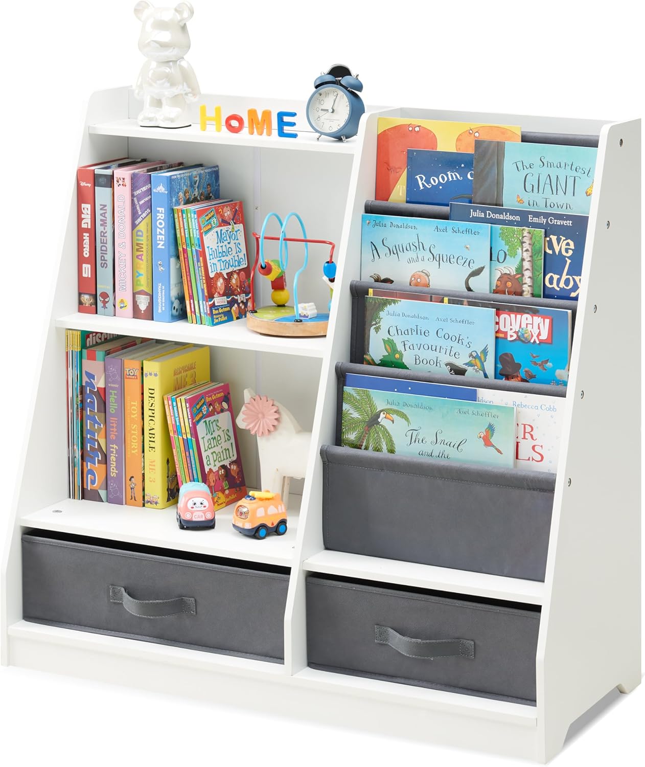 4 Tier Kids Bookshelf with Storage Drawers and Layer Sling Bookcase, Toddlers Book and Toy Organizer for Playroom, Kids Room, Classroom, Nursery (White)