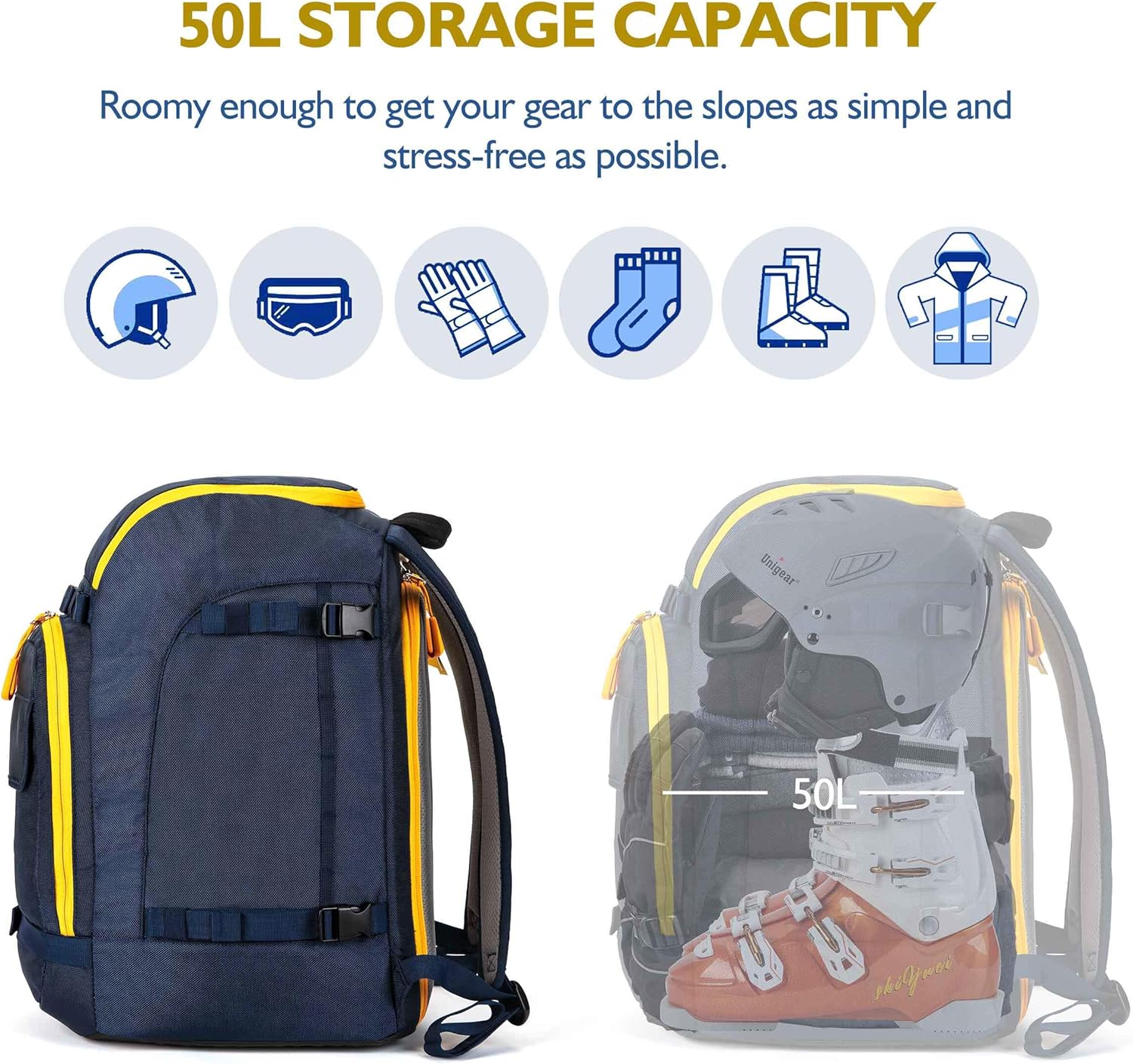50L Ski Boot Bag for Helmet, Goggles, Gloves, Skis